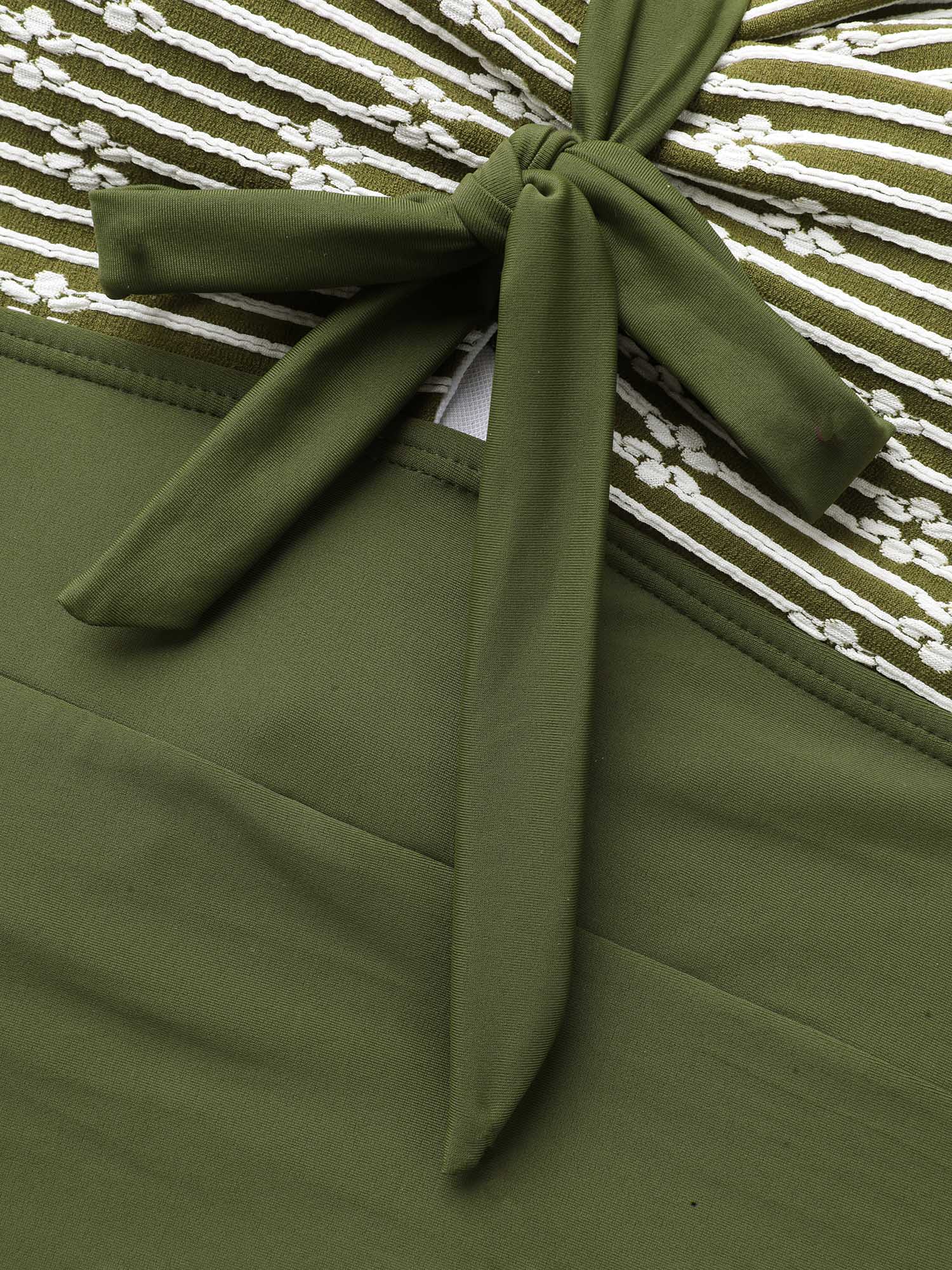 Plus Size Striped Adjustable Bow-Front One-Piece Swimsuit Women`s Swimwear ArmyGreen Beach Gathered Curve Bathing Suits High stretch One Pieces BloomChic 26/4X 