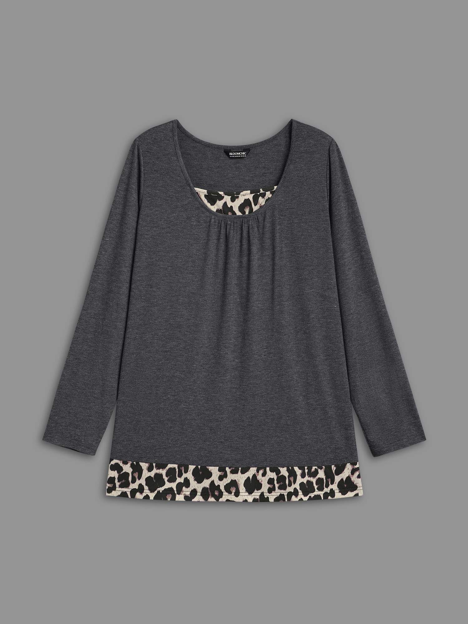 

Plus Size 2-in-1 Leopard Print Spliced Knit Top DimGray Asymmetrical Neck Extra Long Sleeve Casual Jersey Tops 32/5X