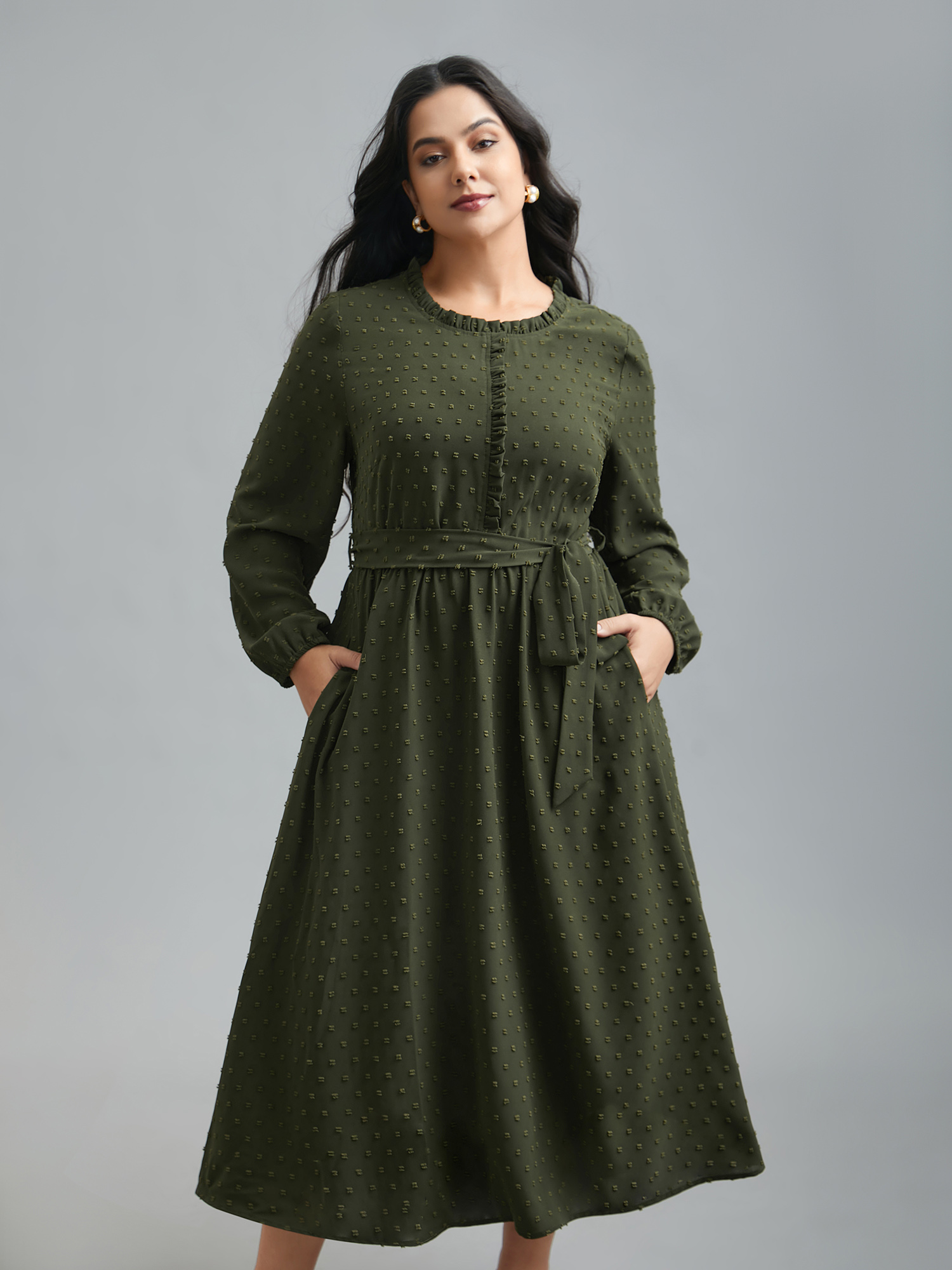 

Plus Size Textured Waist-Tie Ruffled Edges Dress ArmyGreen Women Elegant Texture Round Neck Long Sleeve Curvy BloomChic 14/M