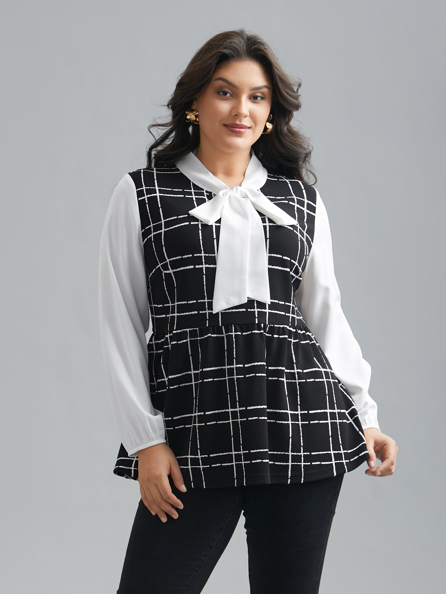 

Plus Size Black Plaid Print Contrast Bow-Tie Shirt Women Elegant Extra Long Sleeve Non Everyday Blouses BloomChic 30/4X