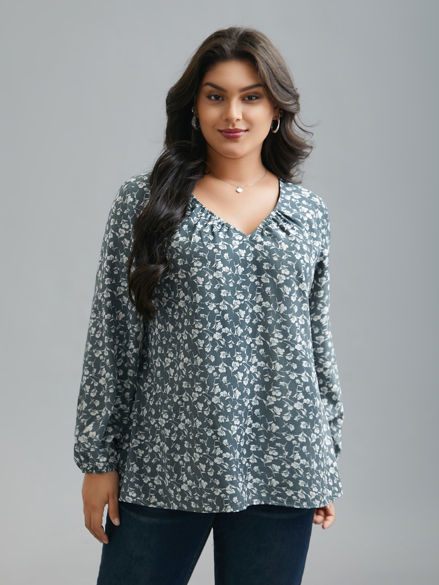 Plus Size DarkSlateGray V-Neck Floral Pleated Blouse Women Elegant Extra Long Sleeve V-neck Everyday Blouses BloomChic 30/6X 