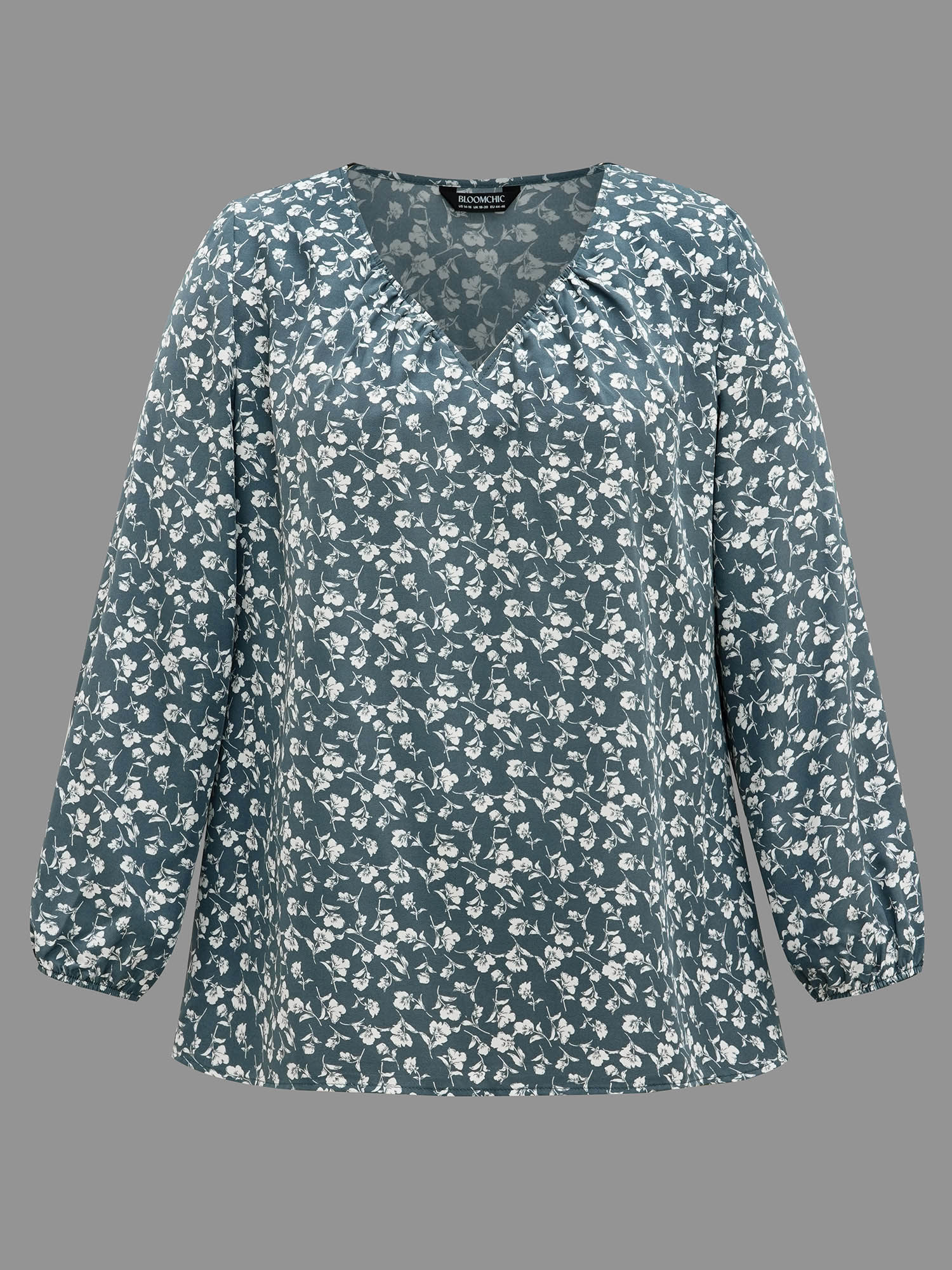 Plus Size DarkSlateGray V-Neck Floral Pleated Blouse Women Elegant Extra Long Sleeve V-neck Everyday Blouses BloomChic 30/6X 