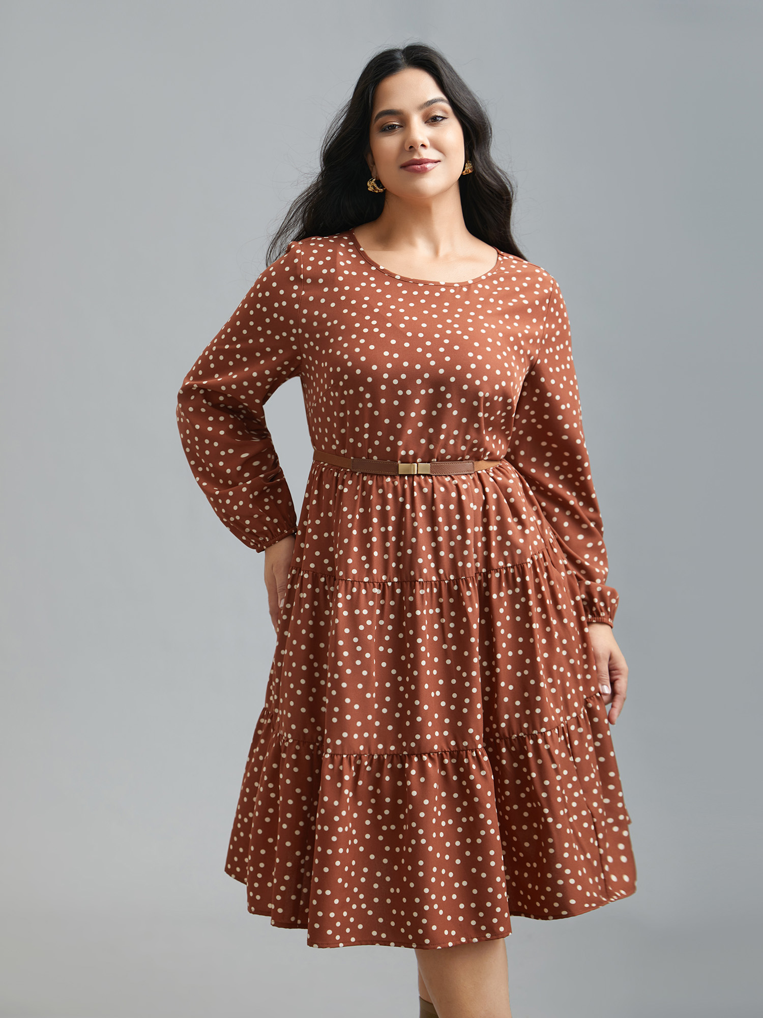 

Plus Size Polka Dot Waist-Cinched Tiered Dress Rust Women At the Office Ruffles Round Neck Long Sleeve Curvy BloomChic 16/L