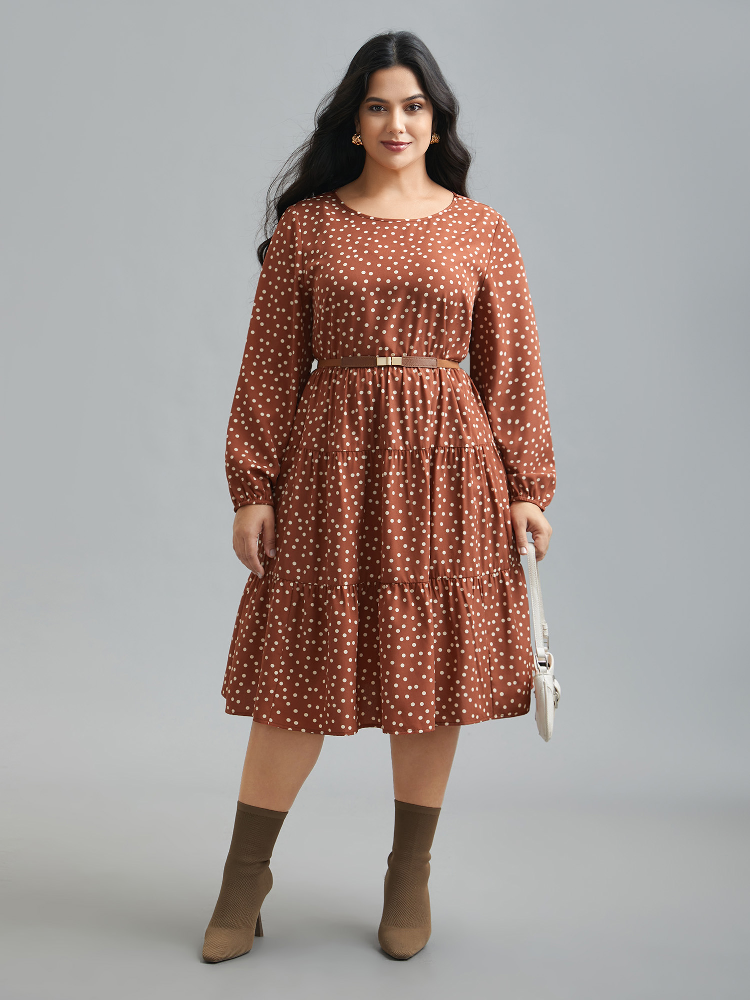 

Plus Size Polka Dot Waist-Cinched Tiered Dress Rust Women At the Office Ruffles Round Neck Long Sleeve Curvy BloomChic 34/6X