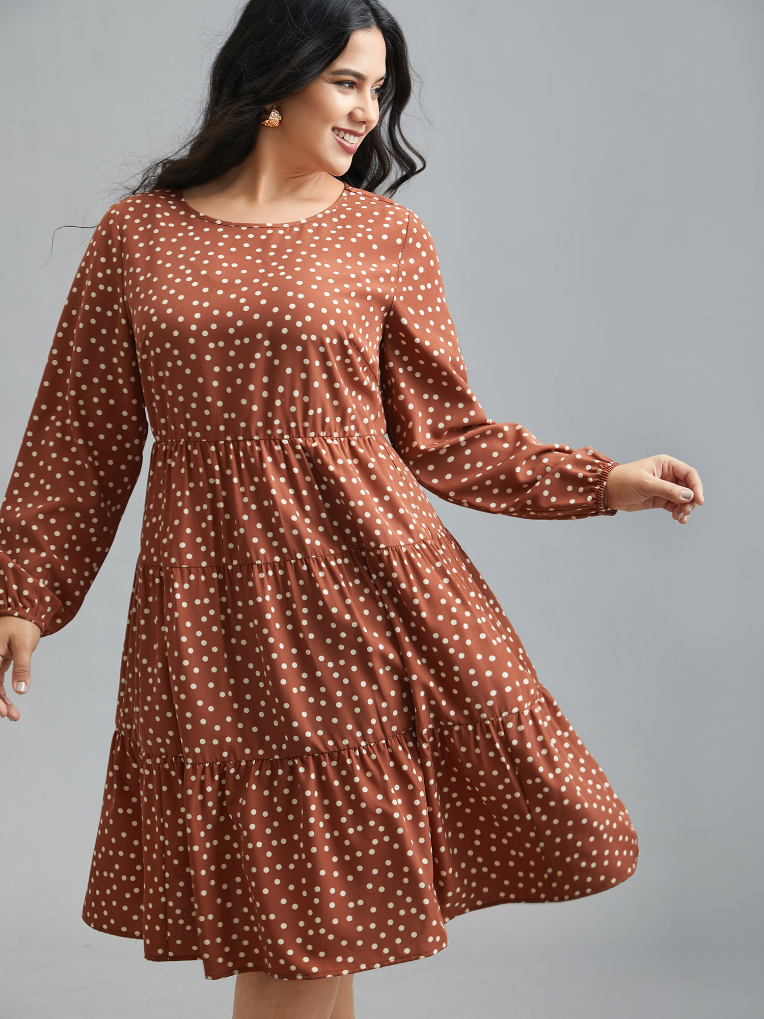 

Plus Size Polka Dot Waist-Cinched Tiered Dress Rust Women At the Office Ruffles Round Neck Long Sleeve Curvy BloomChic 14/M