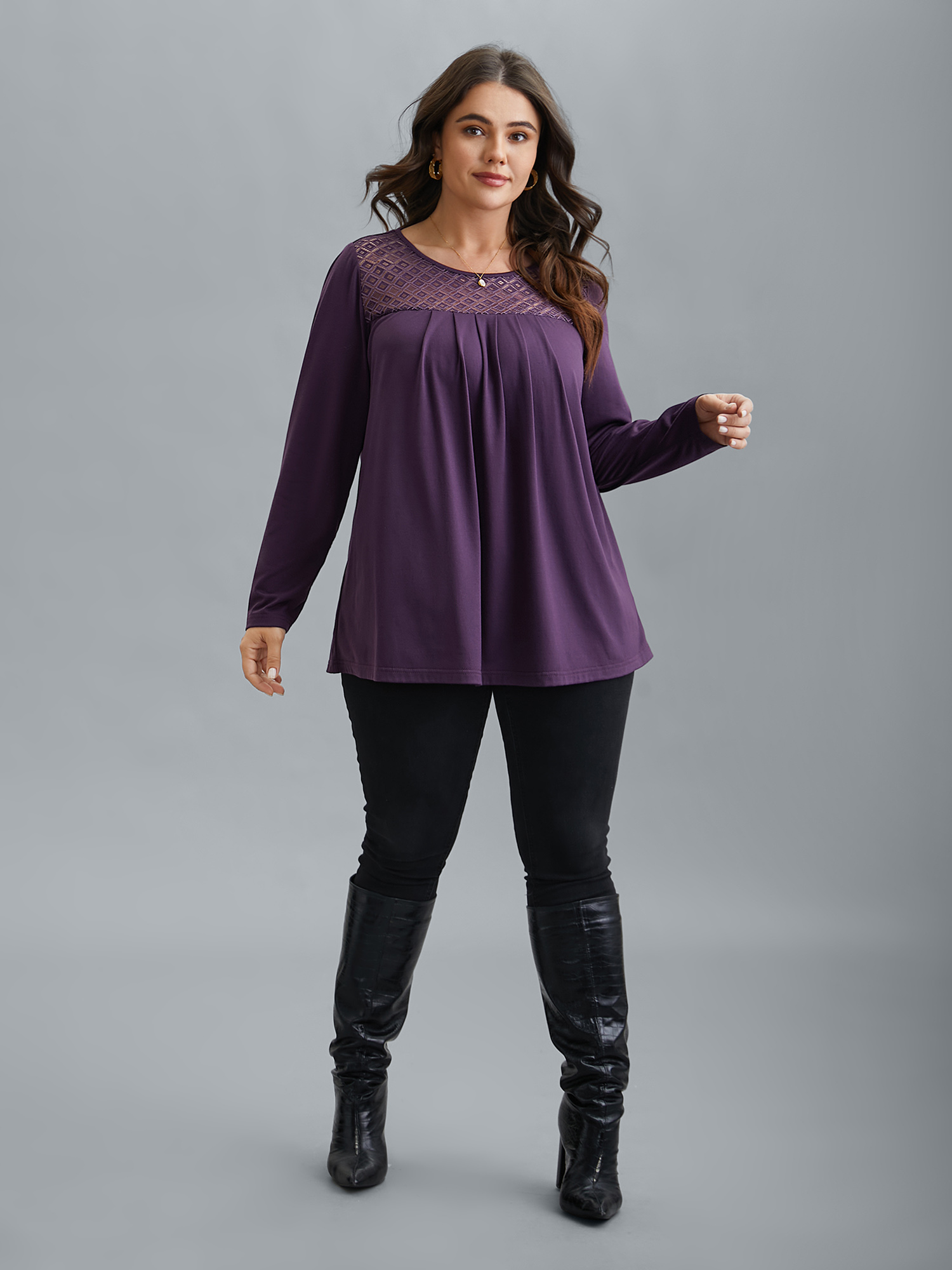 Plus Size Crew Neck Lace Detail Pleated T-Shirt Eggplant Women Elegant See through Round Neck Everyday T-shirts BloomChic 12/L 
