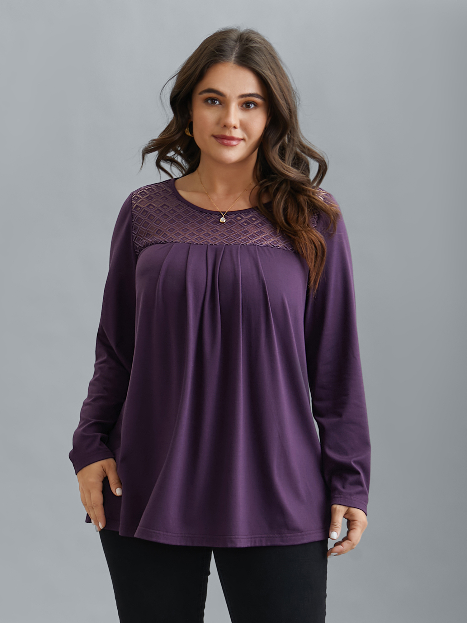 Plus Size Crew Neck Lace Detail Pleated T-Shirt Eggplant Women Elegant See through Round Neck Everyday T-shirts BloomChic 12/L 