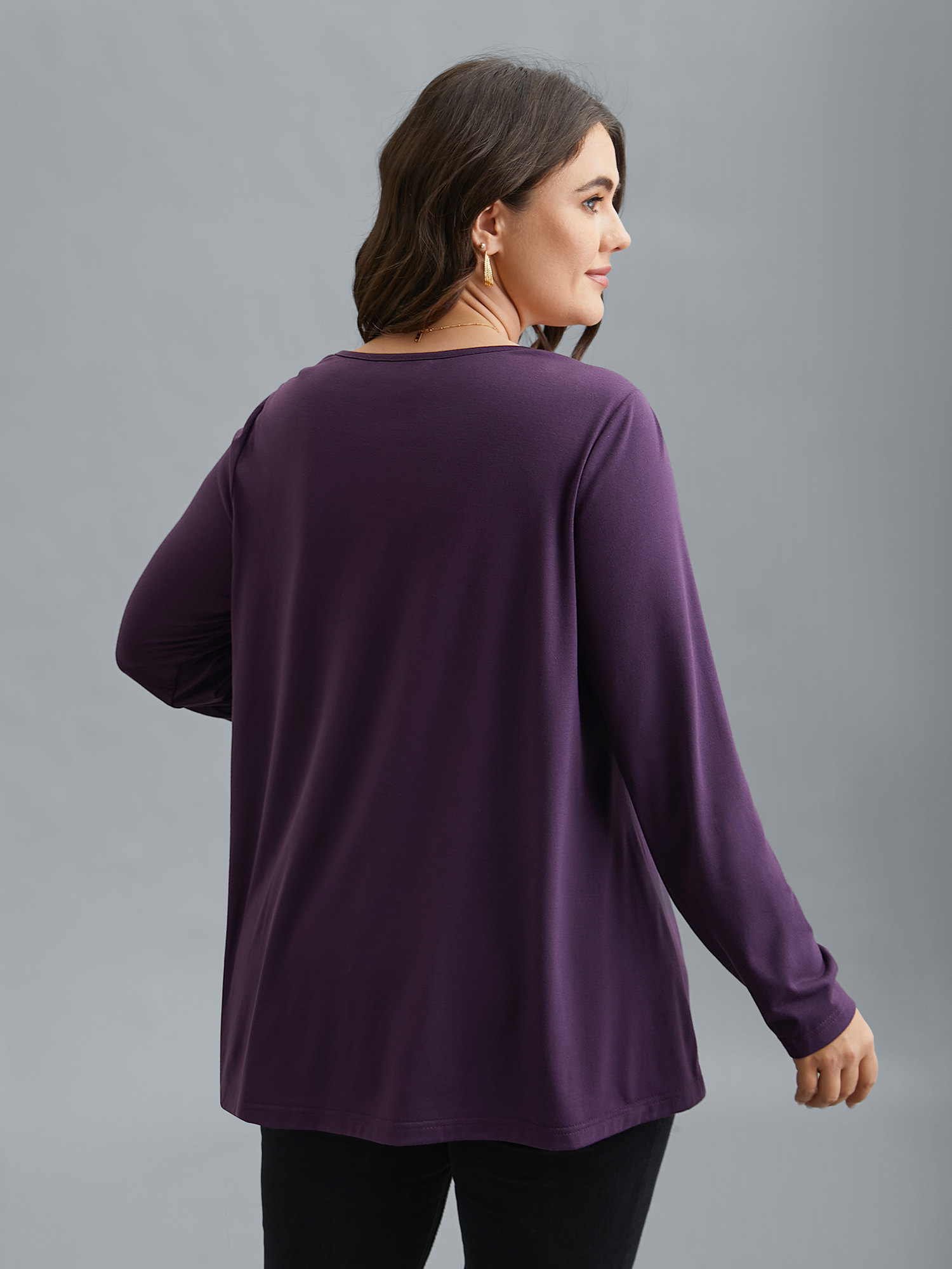 Plus Size Crew Neck Lace Detail Pleated T-Shirt Eggplant Women Elegant See through Round Neck Everyday T-shirts BloomChic 12/L 