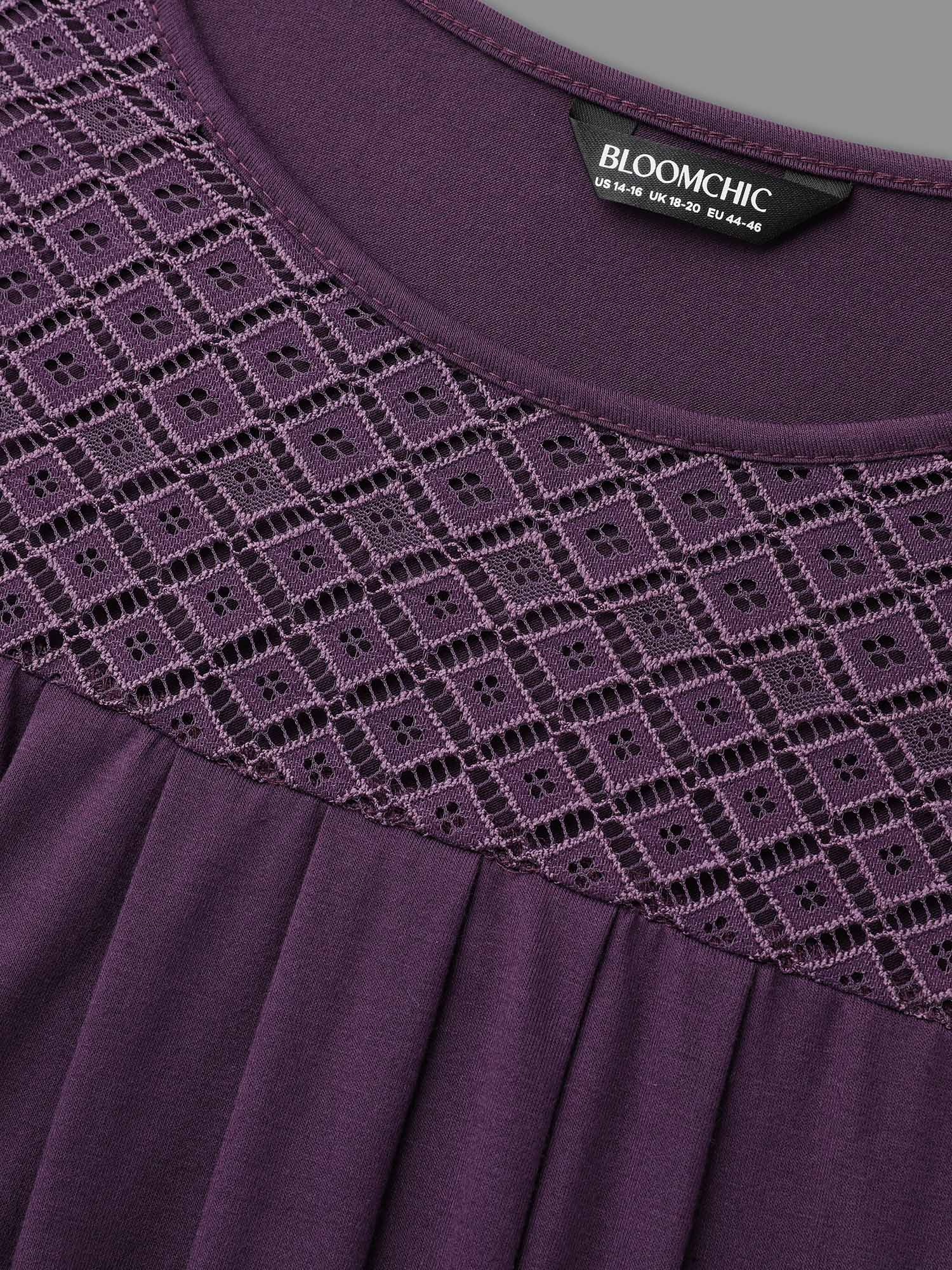 Plus Size Crew Neck Lace Detail Pleated T-Shirt Eggplant Women Elegant See through Round Neck Everyday T-shirts BloomChic 12/L 