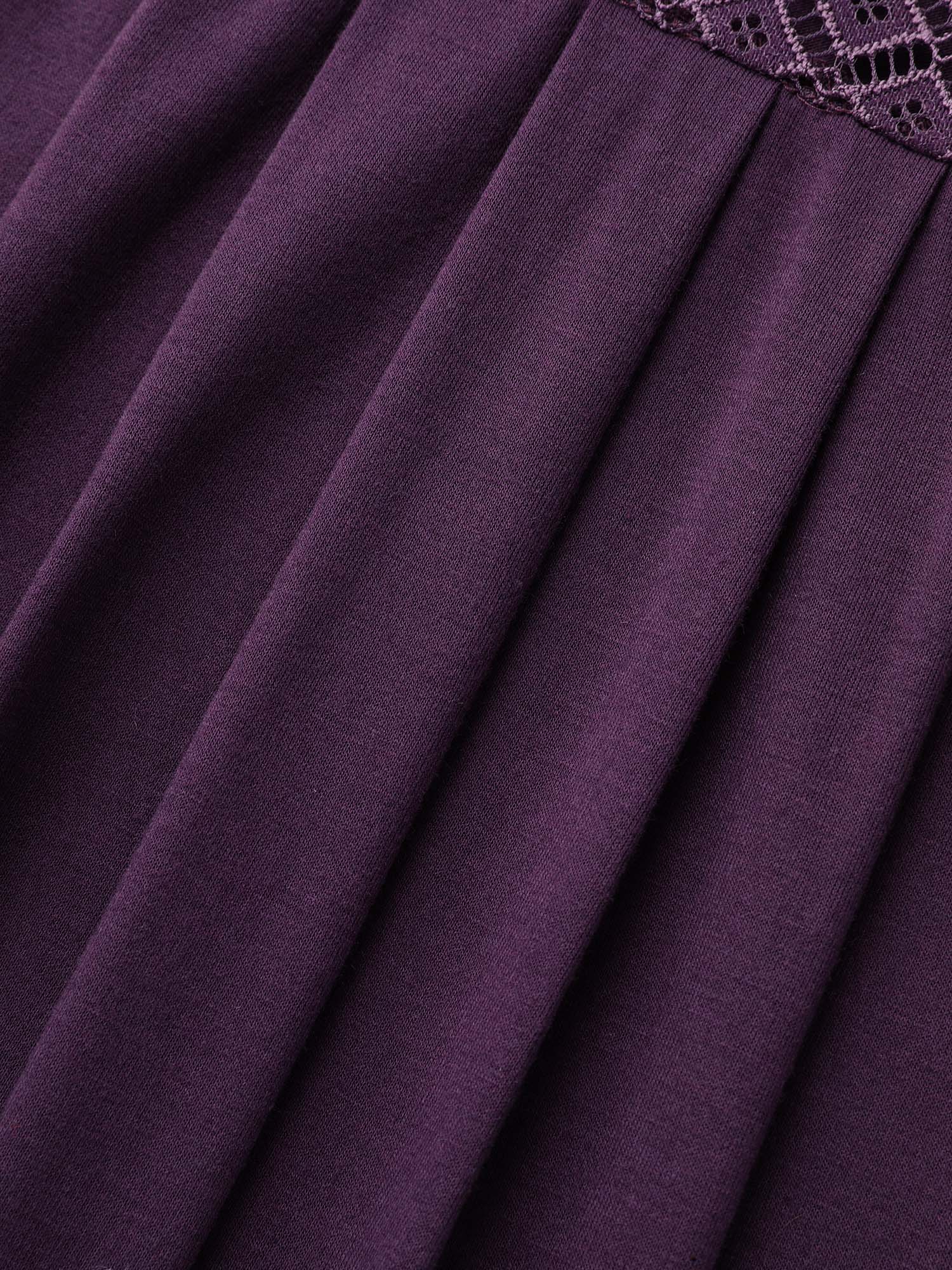 Plus Size Crew Neck Lace Detail Pleated T-Shirt Eggplant Women Elegant See through Round Neck Everyday T-shirts BloomChic 12/L 