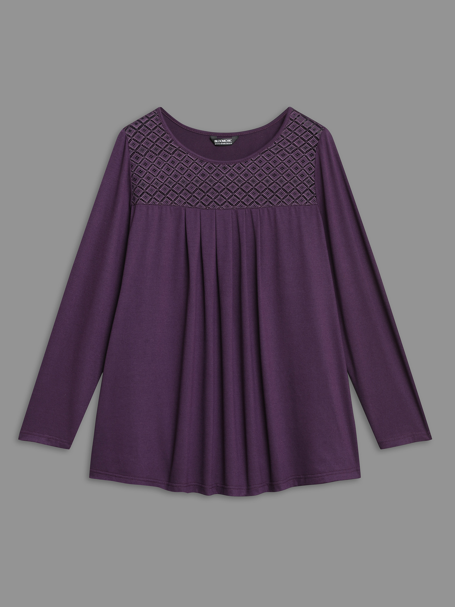 Plus Size Crew Neck Lace Detail Pleated T-Shirt Eggplant Women Elegant See through Round Neck Everyday T-shirts BloomChic 12/L 