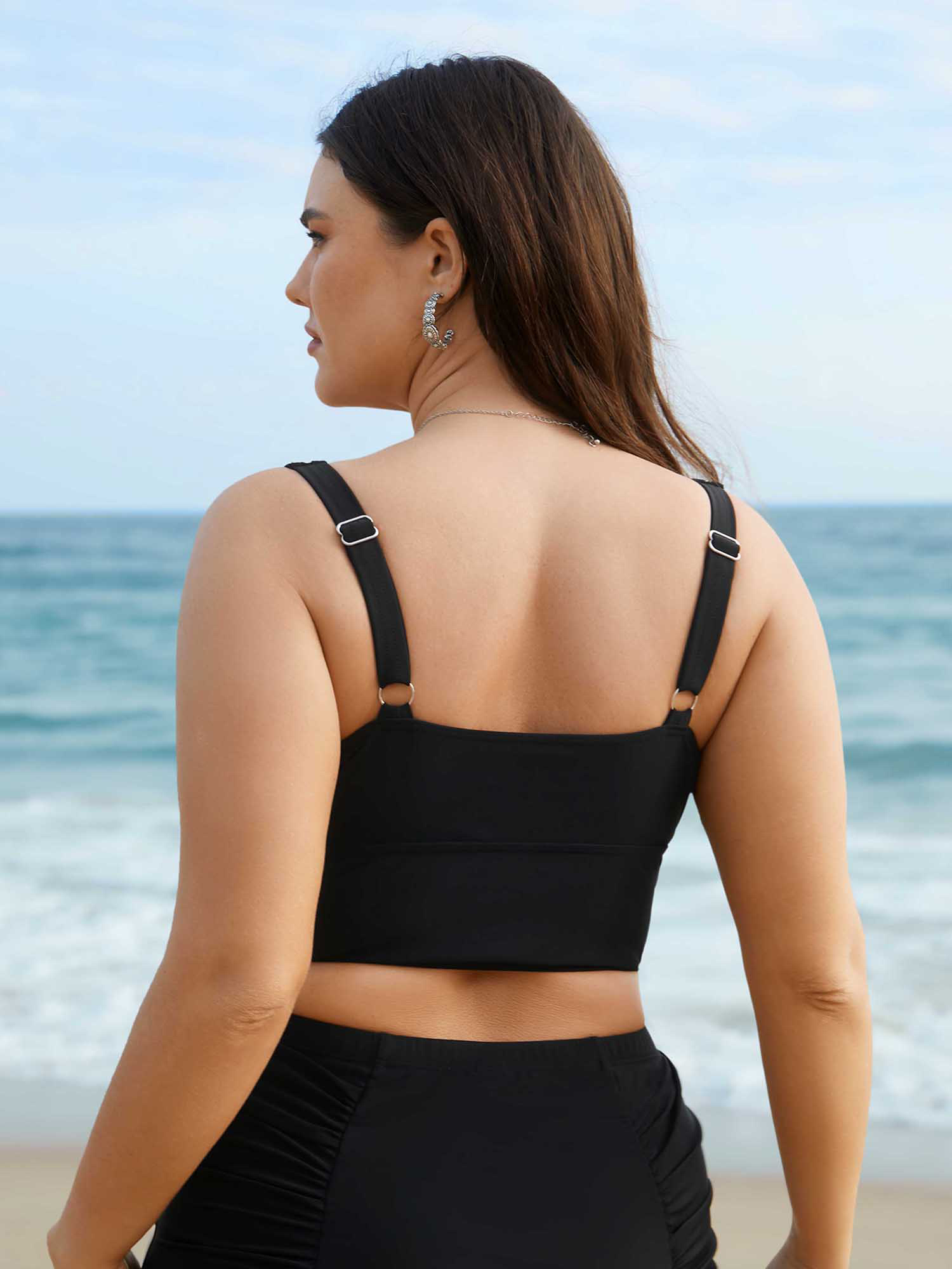 

Plus Size Sheer Sweetheart Neckline Adjustable Swim Top Women's Swimwear Black Beach Gathered High stretch Skinny U-neck Curve Swim Tops BloomChic