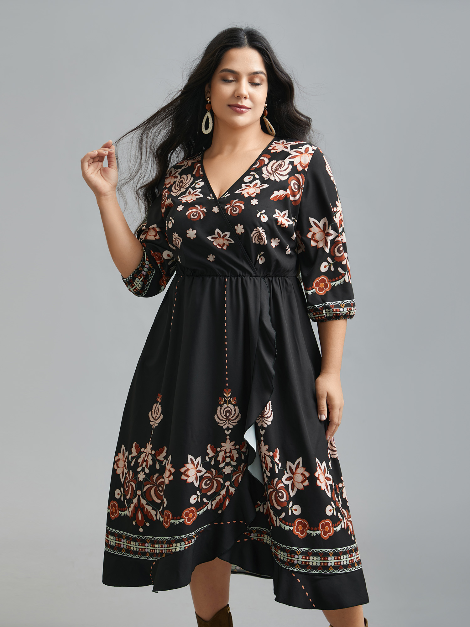 

Plus Size Floral Print Wrap Ruffled Hem Dress BlackFlower Women Resort Ruffles Overlap Collar Elbow-length sleeve Curvy BloomChic 14/M