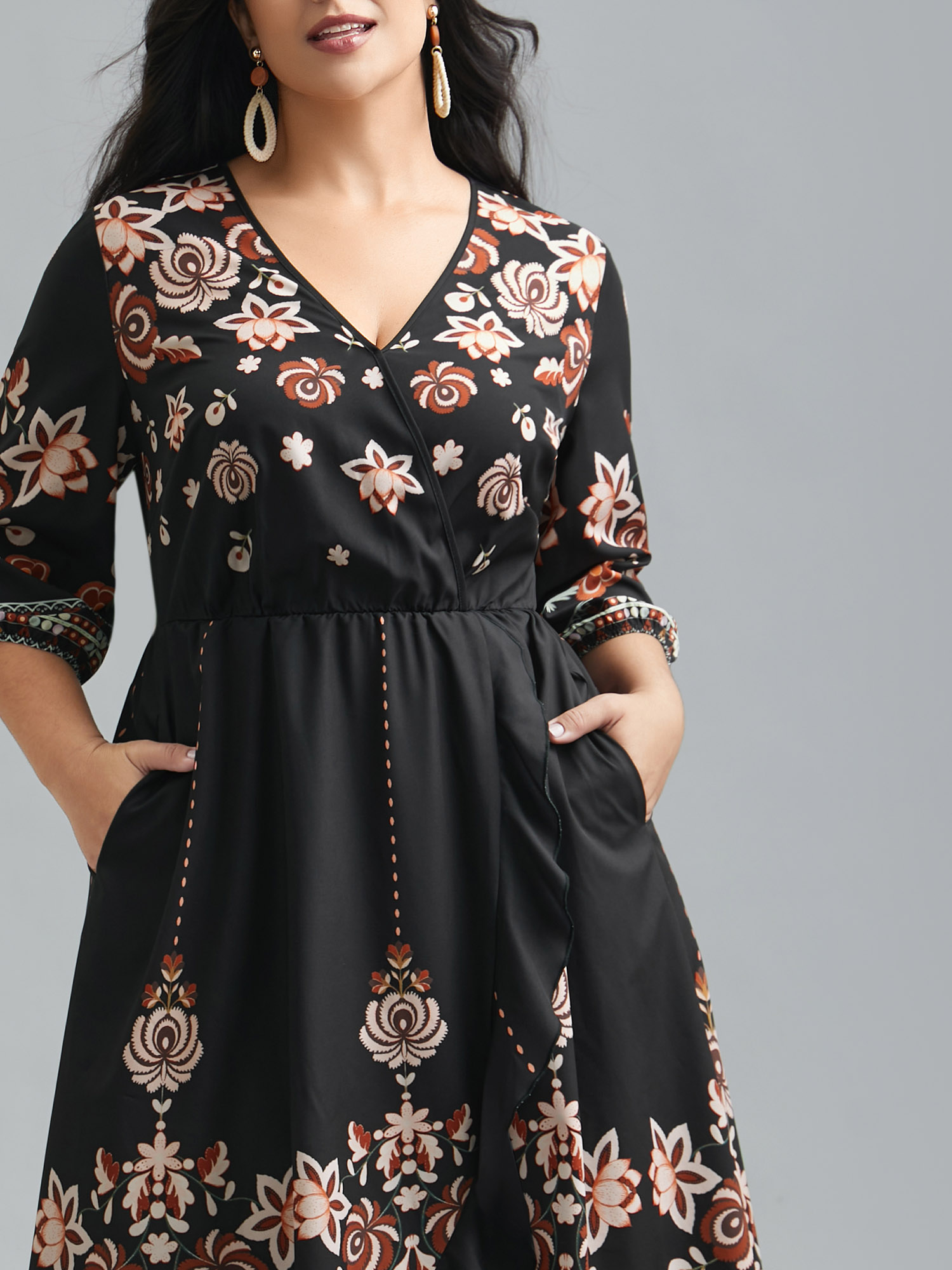 

Plus Size Floral Print Wrap Ruffled Hem Dress BlackFlower Women Resort Ruffles Overlap Collar Elbow-length sleeve Curvy BloomChic