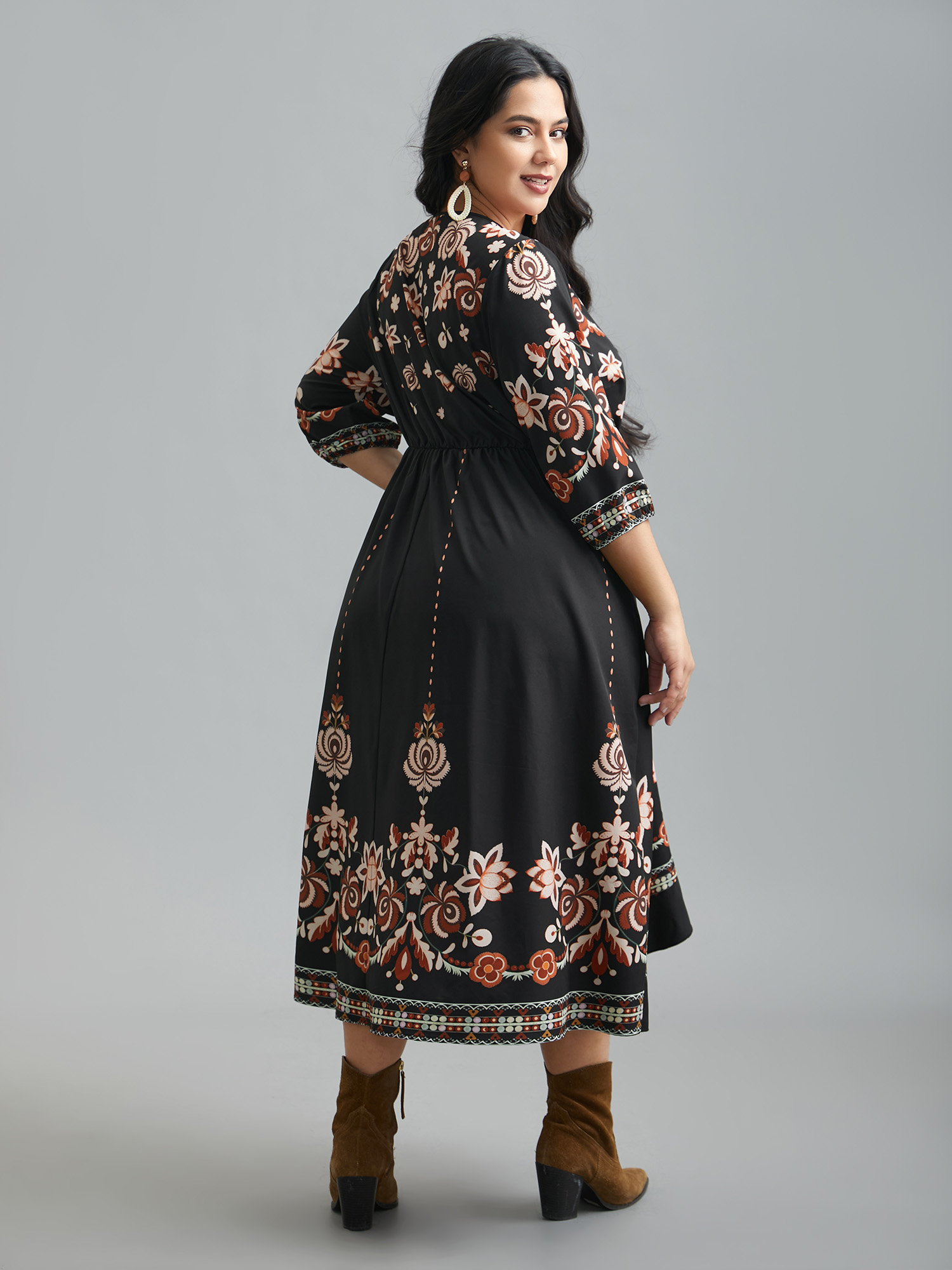 Plus Size Floral Print Wrap Ruffled Hem Dress BlackFlower Women Resort Ruffles Overlap Collar Elbow-length sleeve Curvy BloomChic 26/4X 