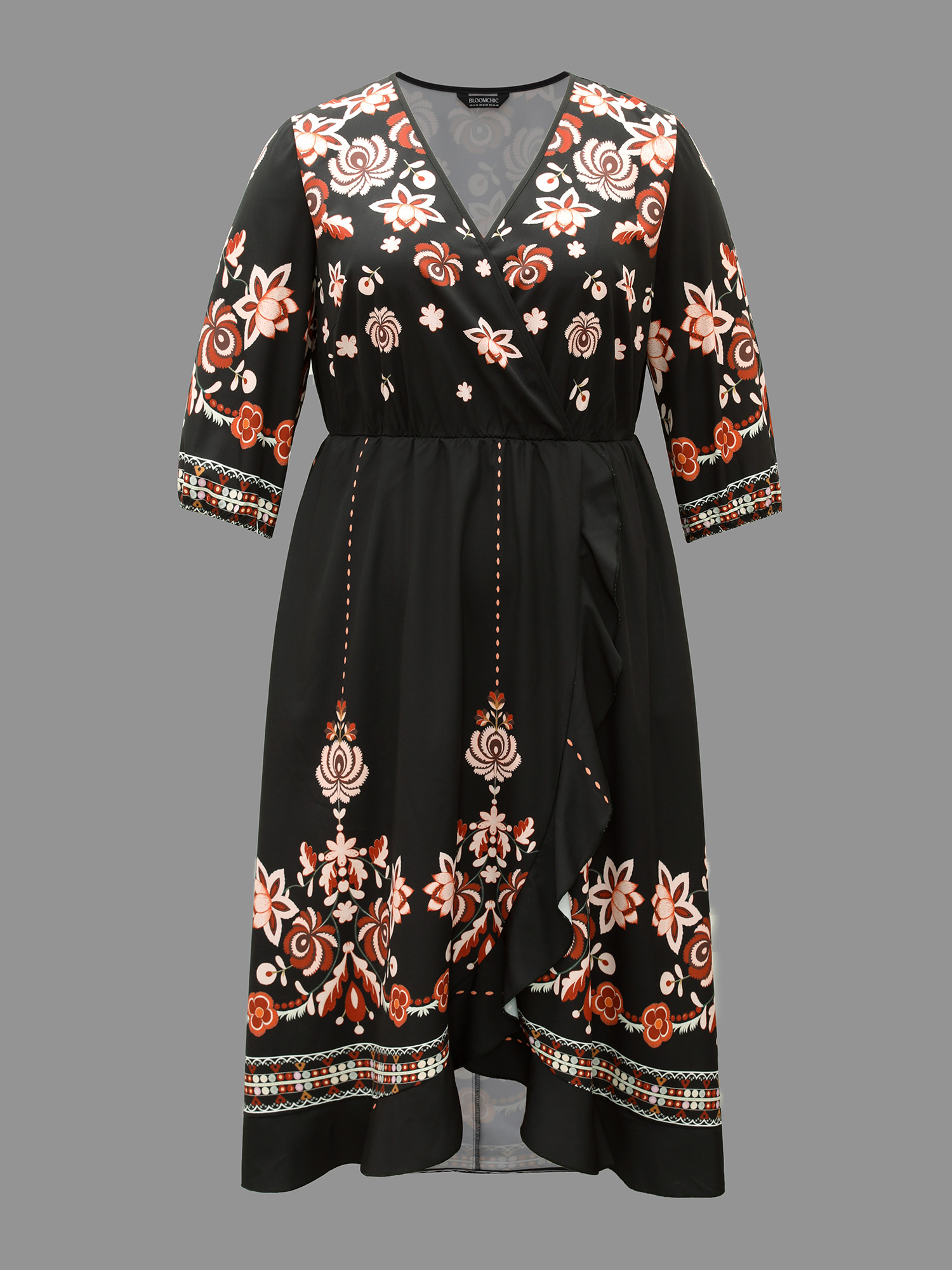 Plus Size Floral Print Wrap Ruffled Hem Dress BlackFlower Women Resort Ruffles Overlap Collar Elbow-length sleeve Curvy BloomChic 26/4X 