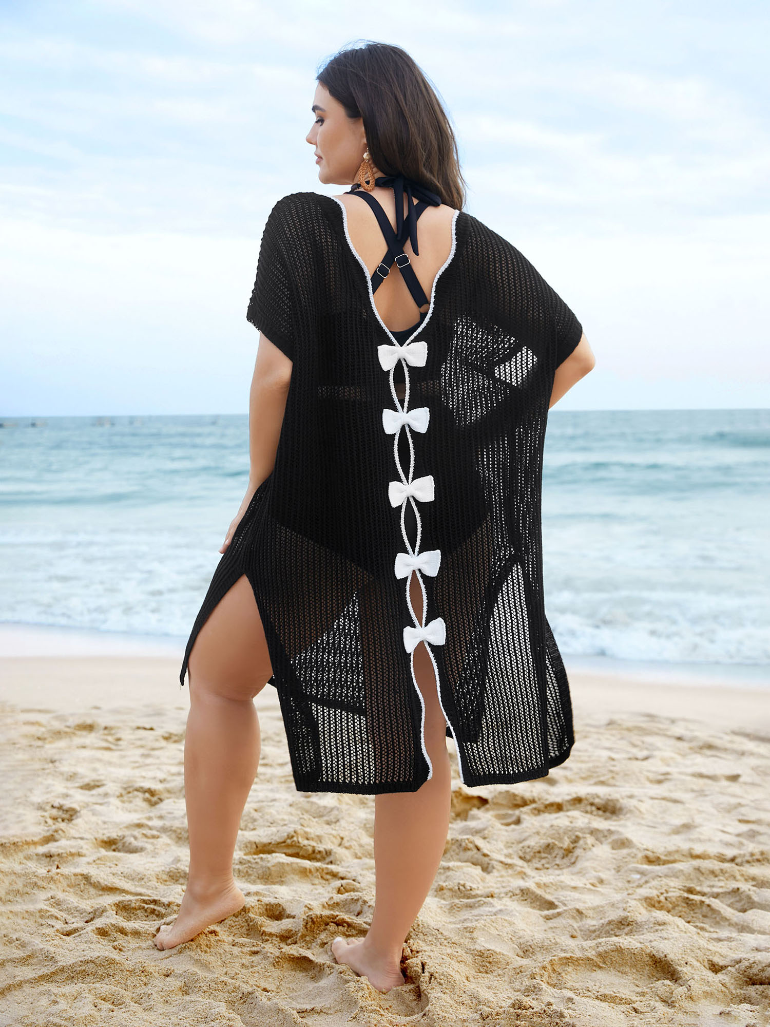 

Plus Size Scalloped Neck Textured Bow Swim Cover Up Women's Swimwear Black Beach Loose Curve Swim Cover Ups BloomChic 16/L