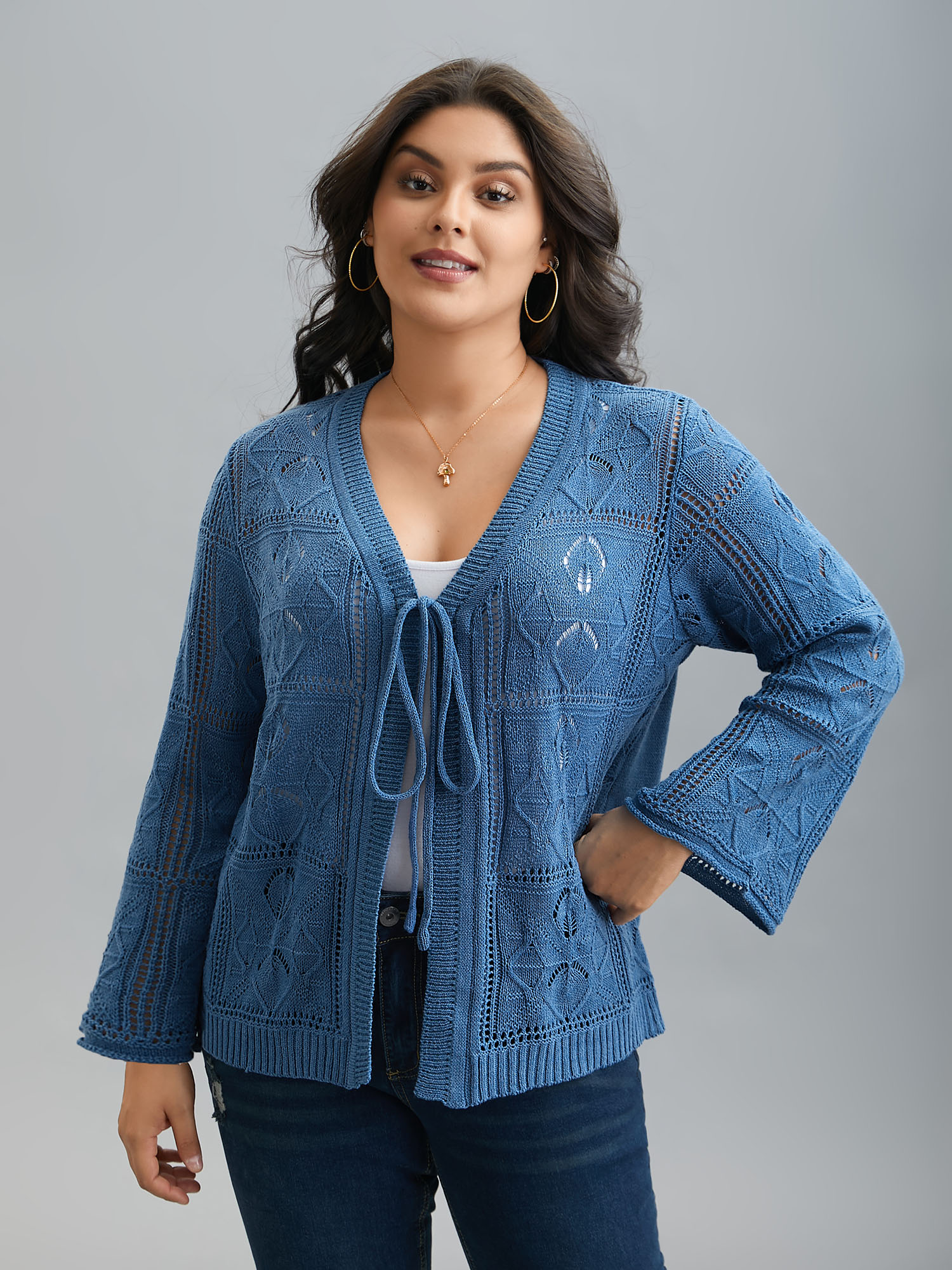 

Plus Size Front-Tie Textured Eyelet Knit Cardigan Aegean Women Casual Loose Long Sleeve Everyday Cardigans BloomChic 14/M