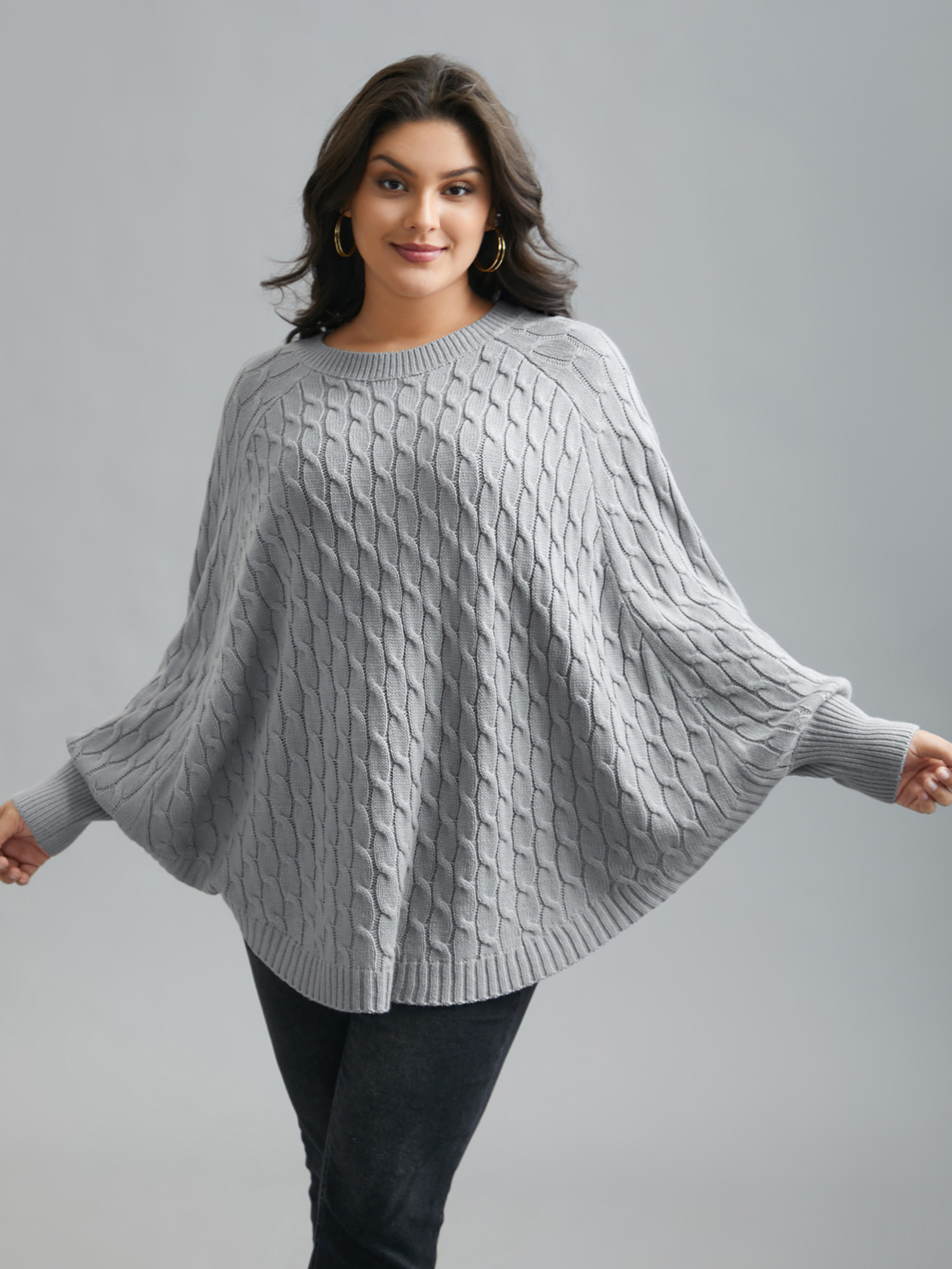 

Plus Size Cable Knit Dolman Sleeve Curved Hem Pullover LightGray Women Casual Loose Long Sleeve Round Neck Everyday Pullovers BloomChic