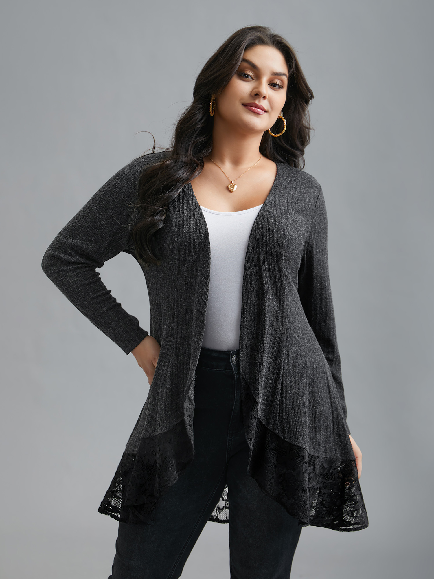 

Plus Size Lace Scalloped Open Front Cardigan Women Black Texture Loose Everyday Jackets BloomChic