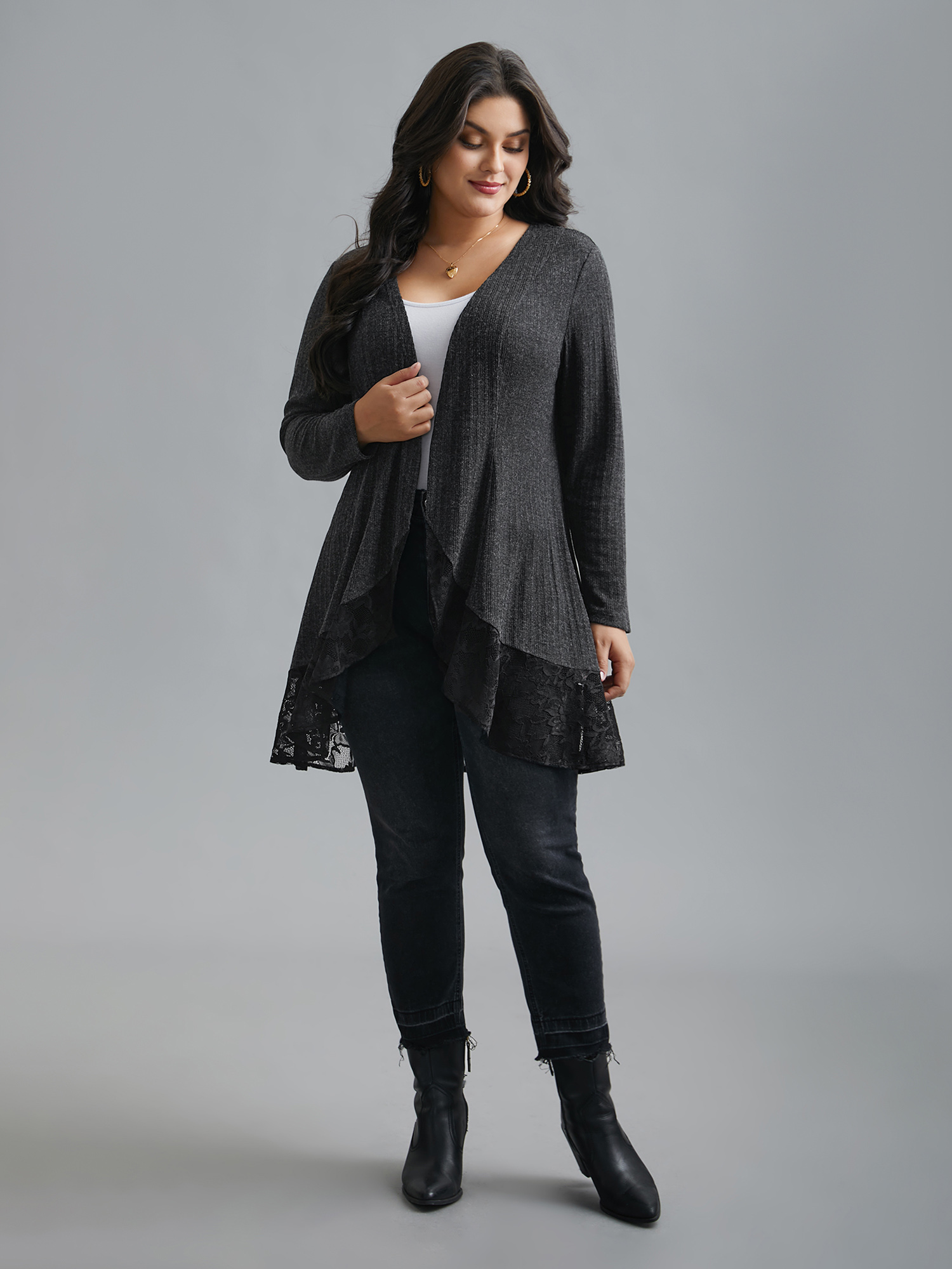 Plus Size Lace Scalloped Open Front Cardigan Women Black Texture Loose Everyday Jackets BloomChic 12/L 