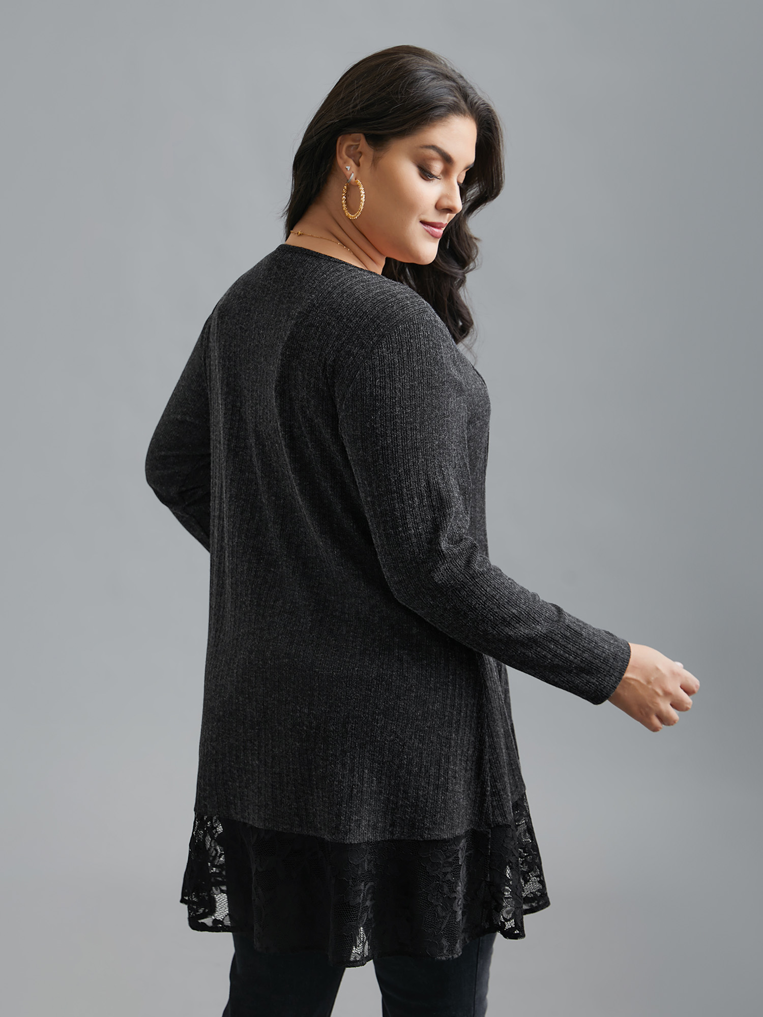 Plus Size Lace Scalloped Open Front Cardigan Women Black Texture Loose Everyday Jackets BloomChic 12/L 