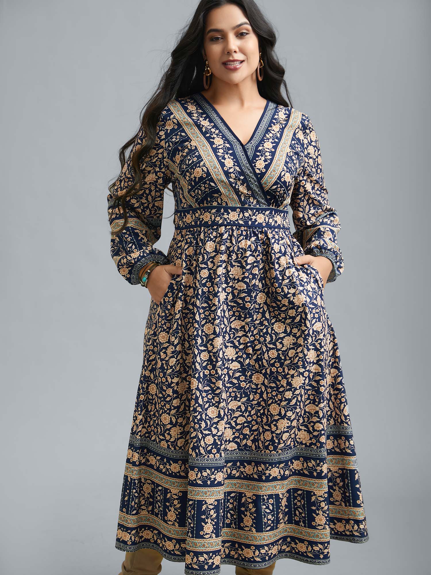 

Plus Size Surplice Neck Boho Print Elastic Waist Dress Indigo Women Resort Non Overlap Collar Long Sleeve Curvy BloomChic 14/M