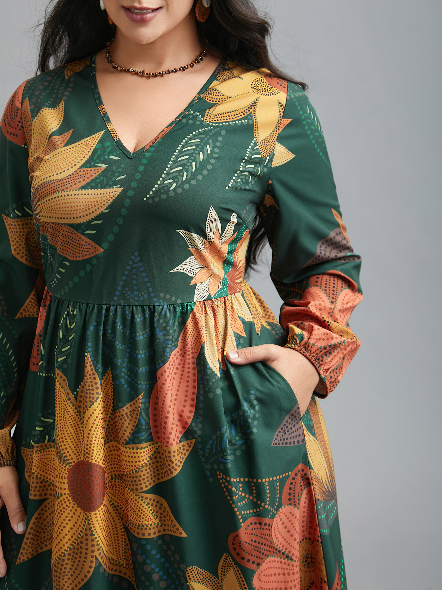 Plus Size V-Neck Floral Elastic Waist Maxi Dress Multicolor Women Resort Non V-neck Long Sleeve Curvy BloomChic 18-20/2X 