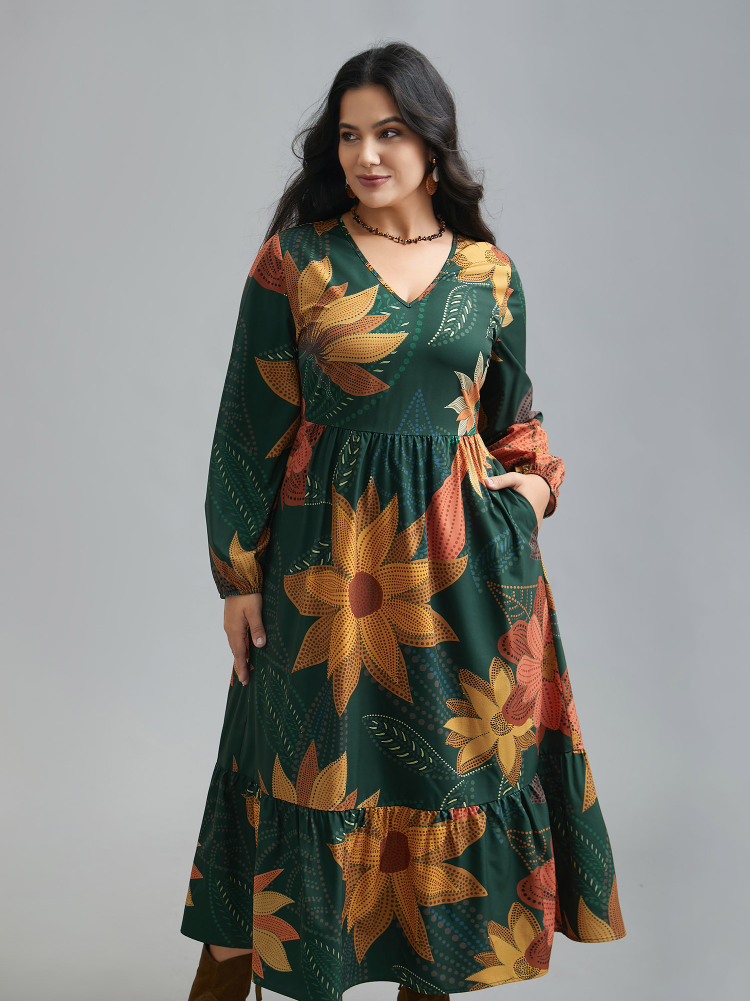 Plus Size V-Neck Floral Elastic Waist Maxi Dress Multicolor Women Resort Non V-neck Long Sleeve Curvy BloomChic 18-20/2X 