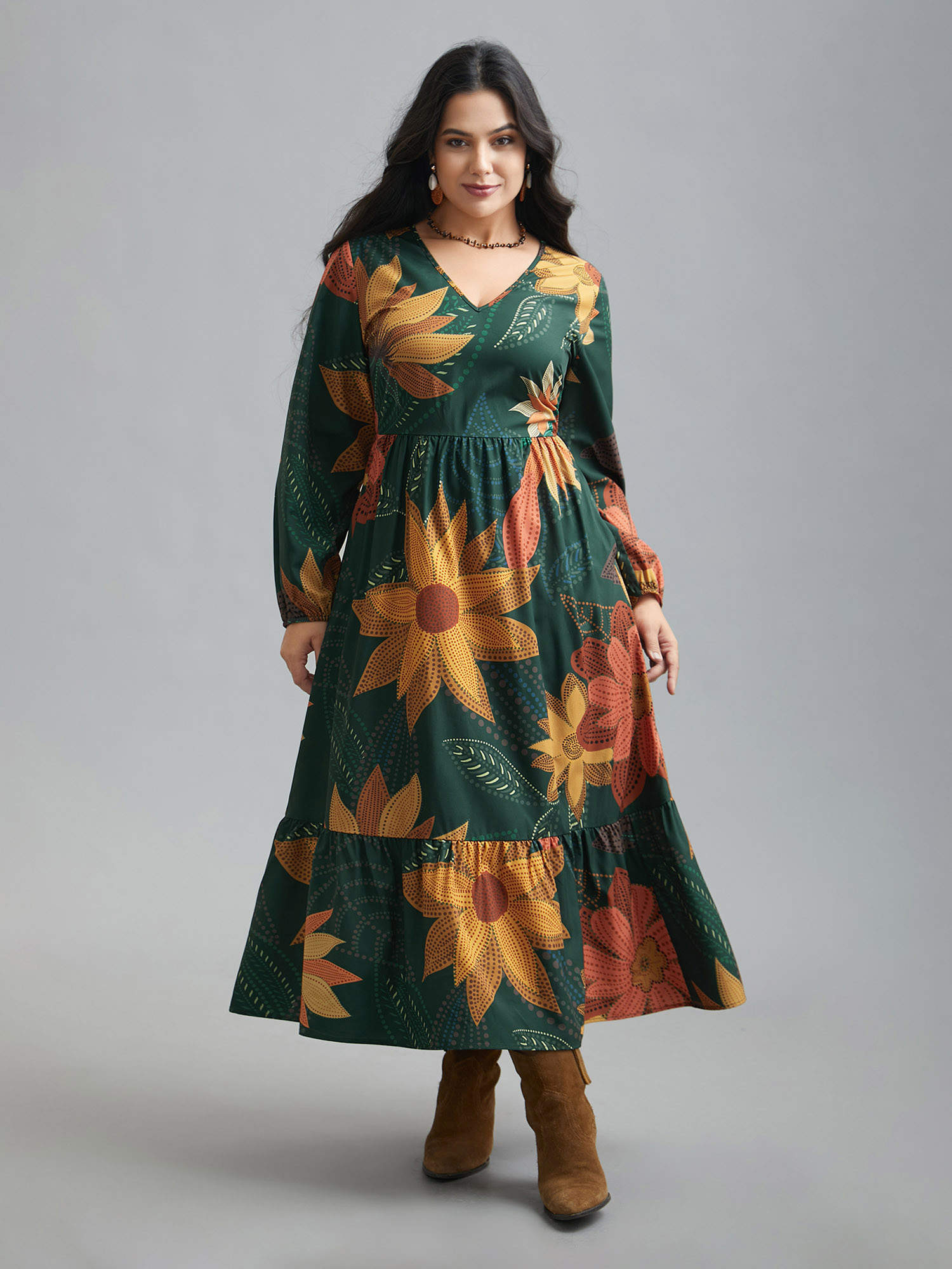 Plus Size V-Neck Floral Elastic Waist Maxi Dress Multicolor Women Resort Non V-neck Long Sleeve Curvy BloomChic 18-20/2X 