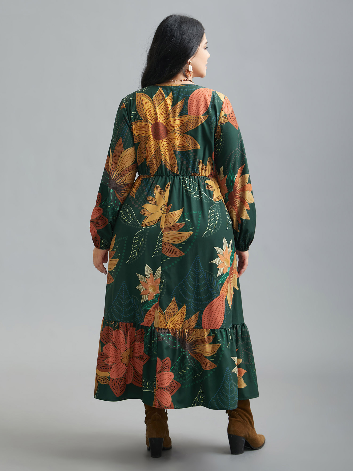 Plus Size V-Neck Floral Elastic Waist Maxi Dress Multicolor Women Resort Non V-neck Long Sleeve Curvy BloomChic 18-20/2X 