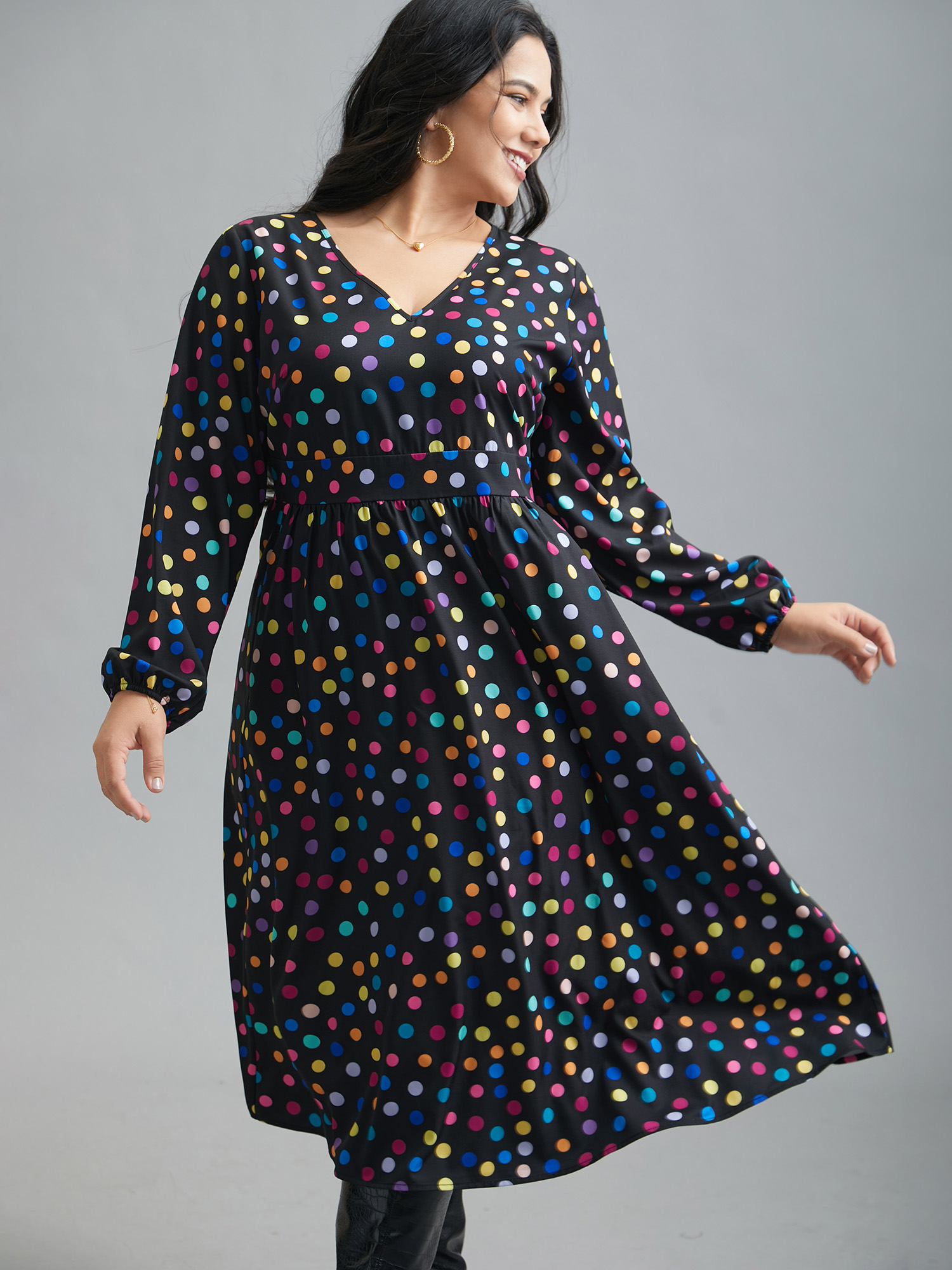 

Plus Size Multi-Color Polka Dot Stretchy-Waist Dress Black Women Elegant Non V-neck Long Sleeve Curvy BloomChic 30/4X