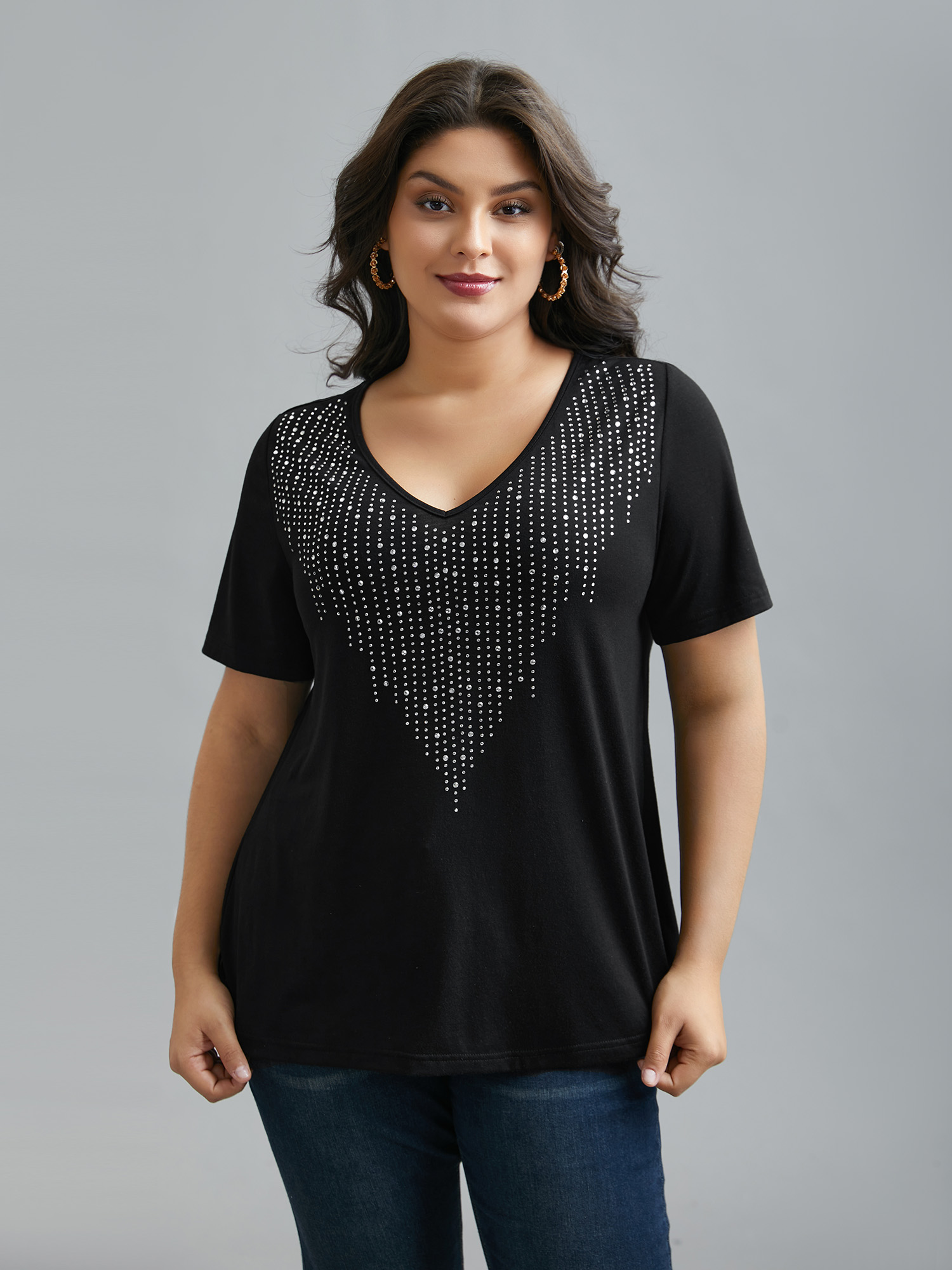 

Plus Size V-Neck Rhinestone Stretchy T-Shirt Black Women Elegant Rhinestone detailing V-neck Everyday T-shirts BloomChic 16/L