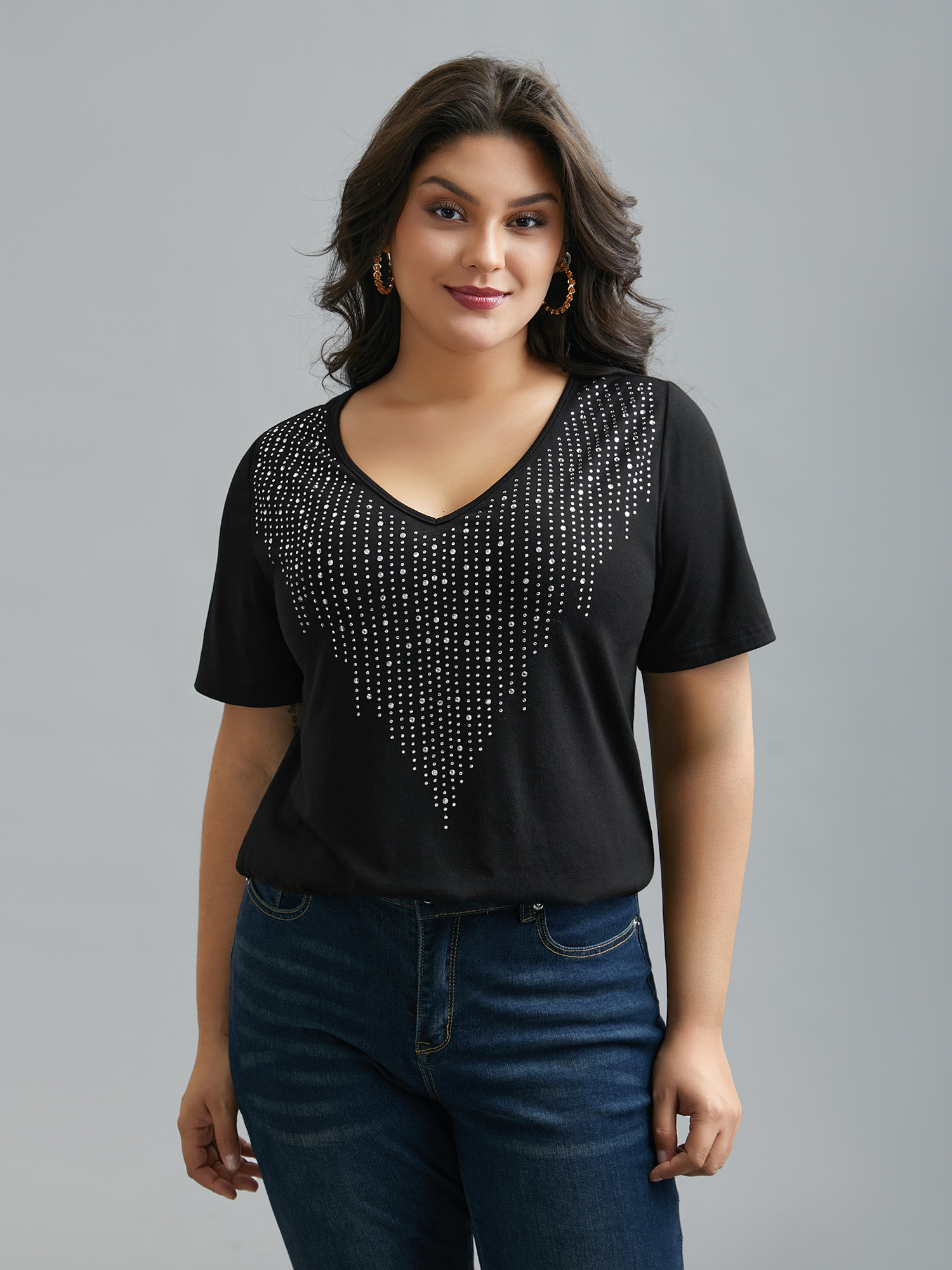 

Plus Size V-Neck Rhinestone Stretchy T-Shirt Black Women Elegant Rhinestone detailing V-neck Everyday T-shirts BloomChic 26-28/3X