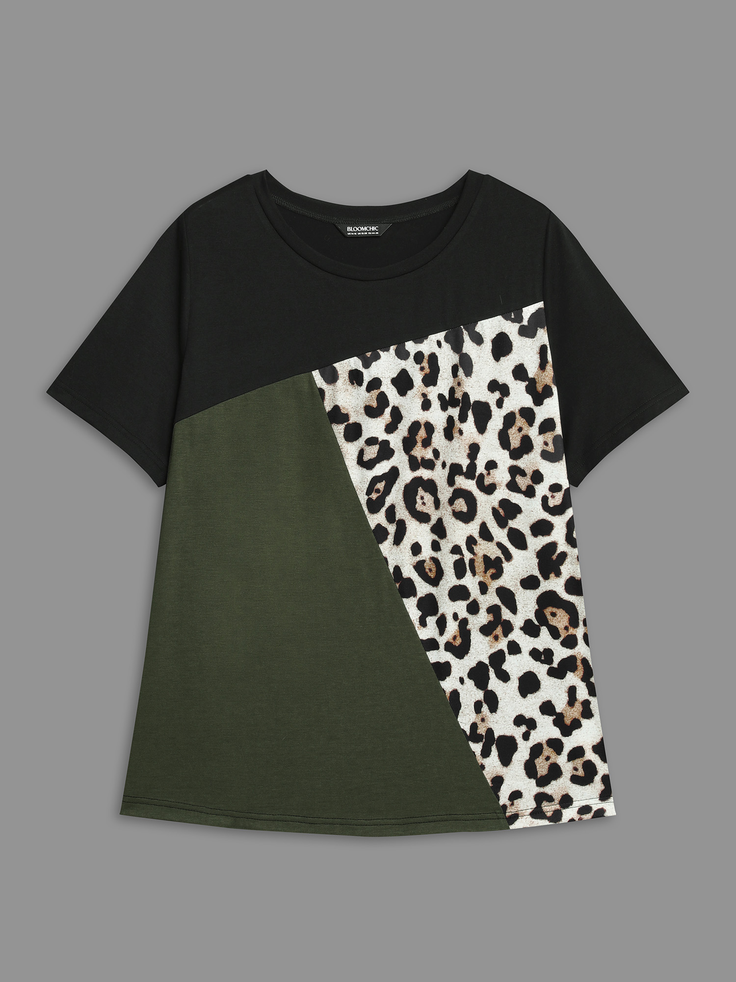 Plus Size Leopard Print Contrast Patchwork Fitted T-Shirt Multicolor Women Casual Contrast Round Neck Everyday T-shirts BloomChic 10/M 
