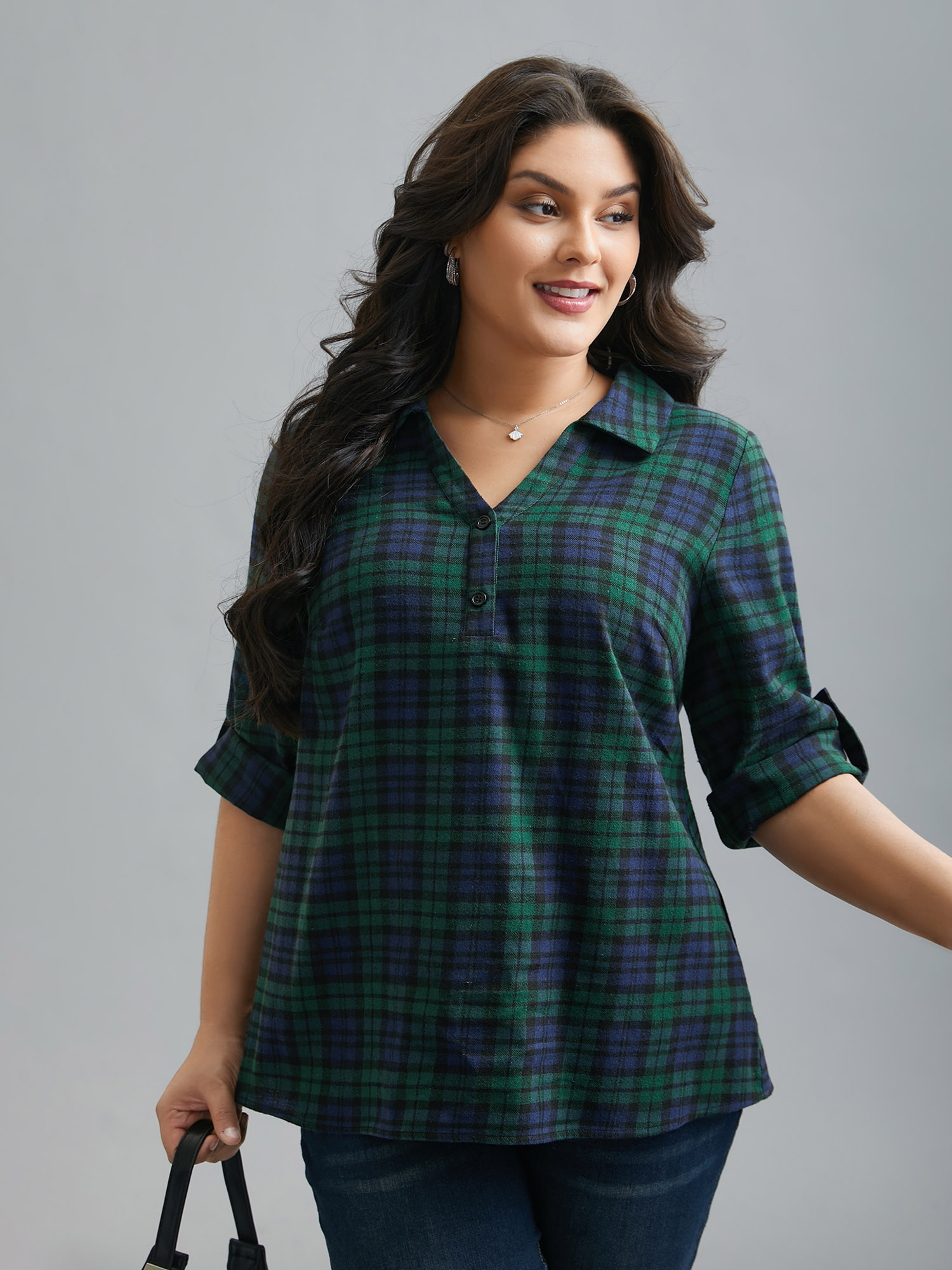 

Plus Size DarkGreen Plaid Print Tab Sleeve Blouse Women At the Office Elbow-length sleeve Shirt collar Work Blouses BloomChic 14/M