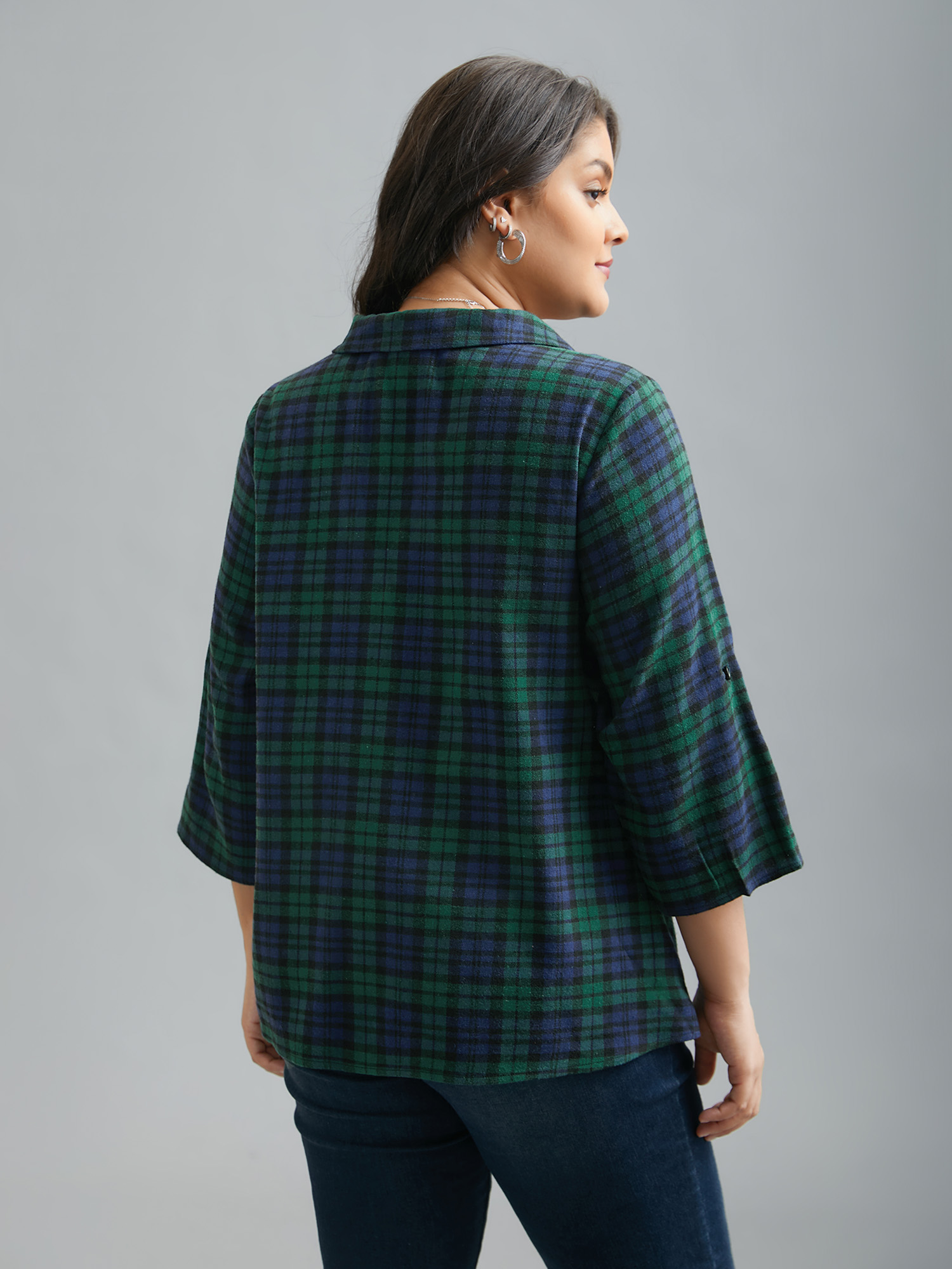 

Plus Size DarkGreen Plaid Print Tab Sleeve Blouse Women At the Office Elbow-length sleeve Shirt collar Work Blouses BloomChic