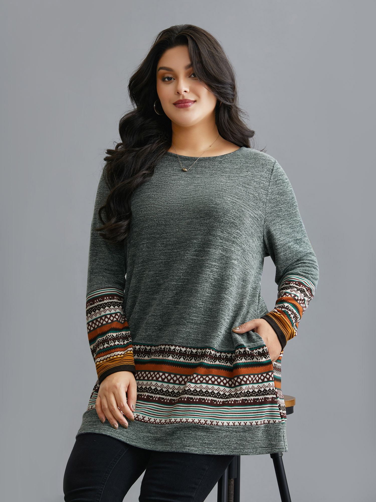 Plus Size Tunic Boho Print Pocket T-shirt Sage Women Casual Contrast Round Neck Loose Everyday T-shirts BloomChic 18-20/2X 