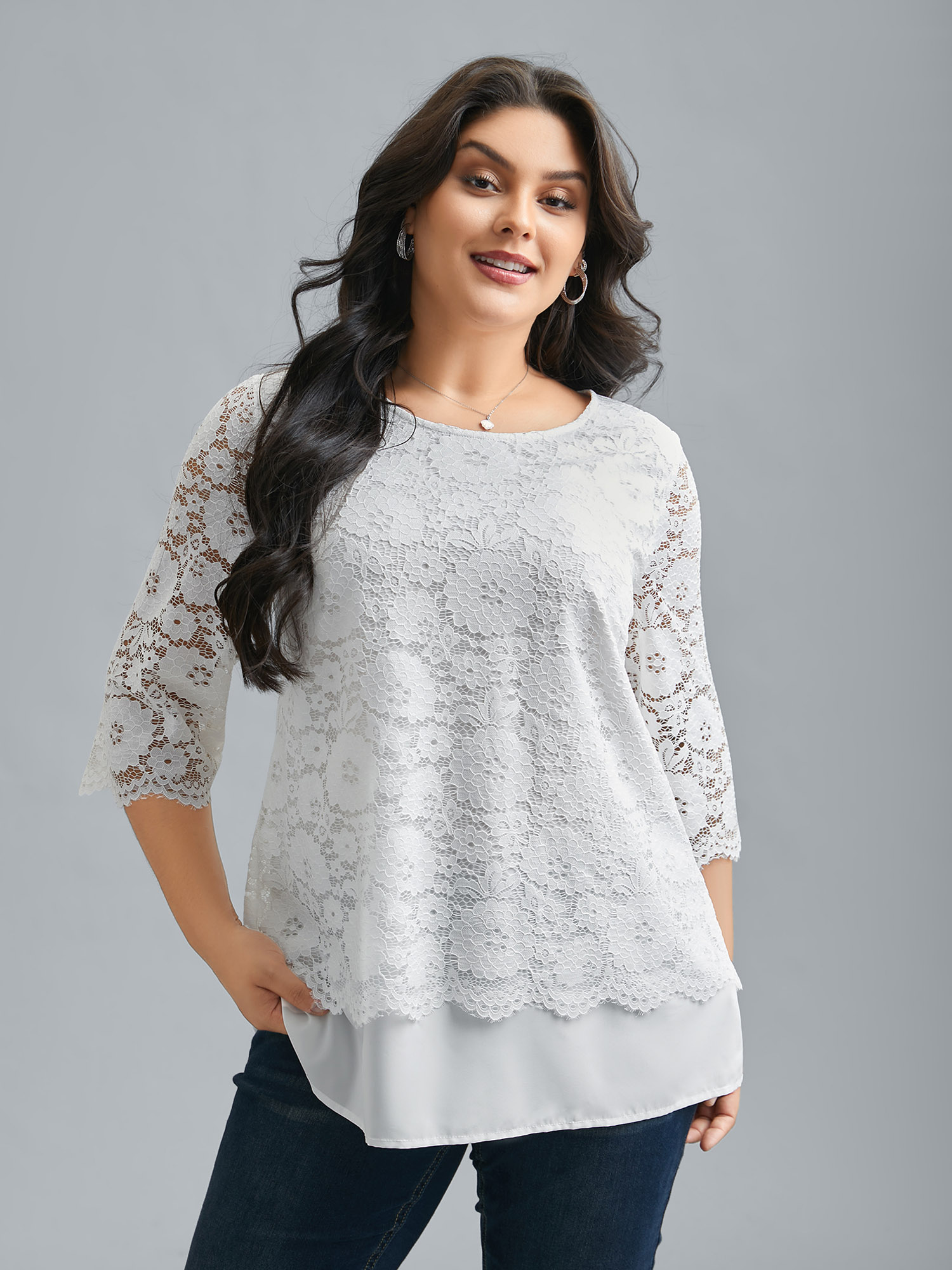 

Plus Size Opticwhite Layered Crochet Lace Semi-Sheer Blouse Women Elegant Elbow-length sleeve Round Neck Everyday Blouses BloomChic 14/M