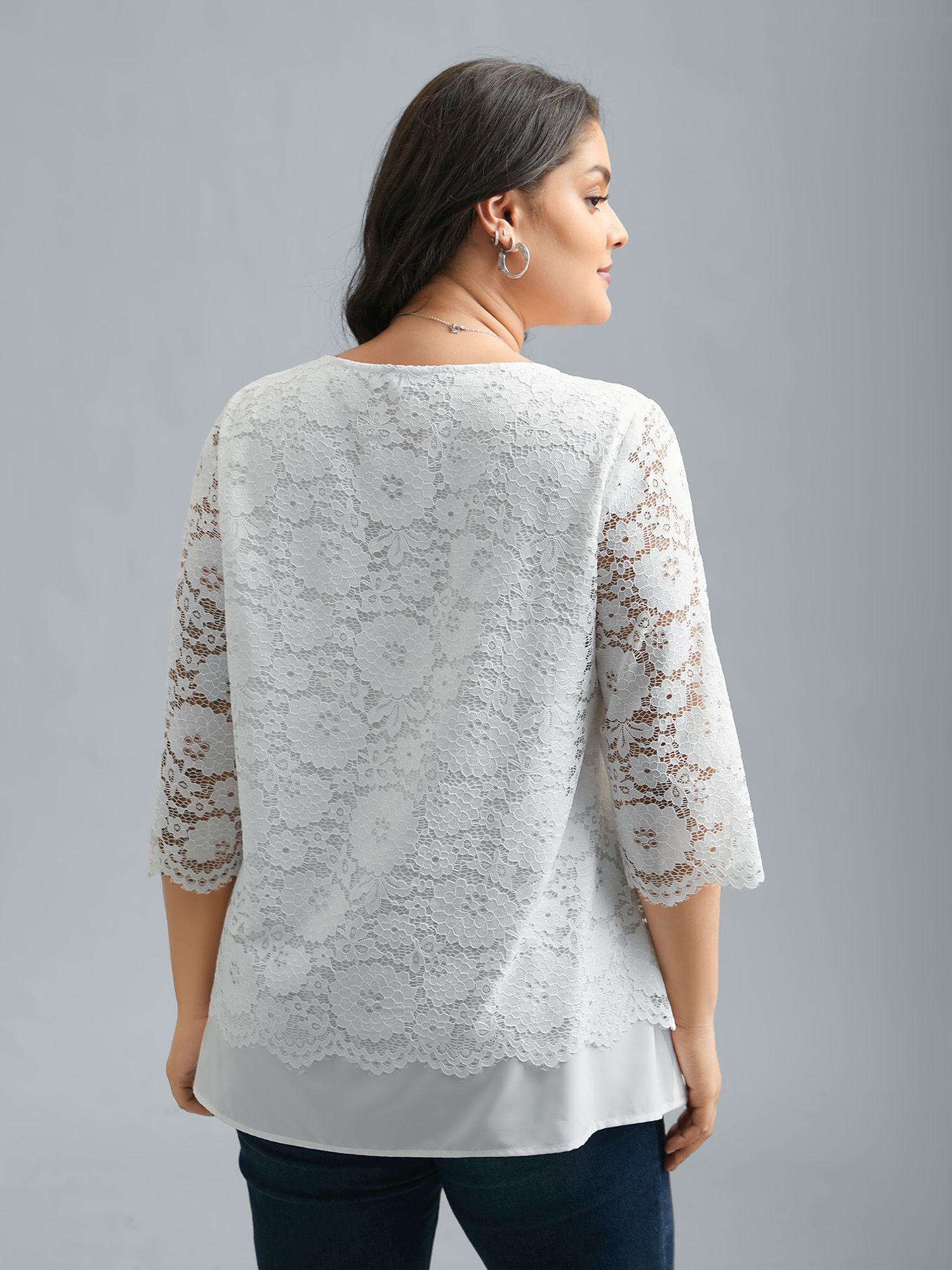 

Plus Size Opticwhite Layered Crochet Lace Semi-Sheer Blouse Women Elegant Elbow-length sleeve Round Neck Everyday Blouses BloomChic 18-20/1X