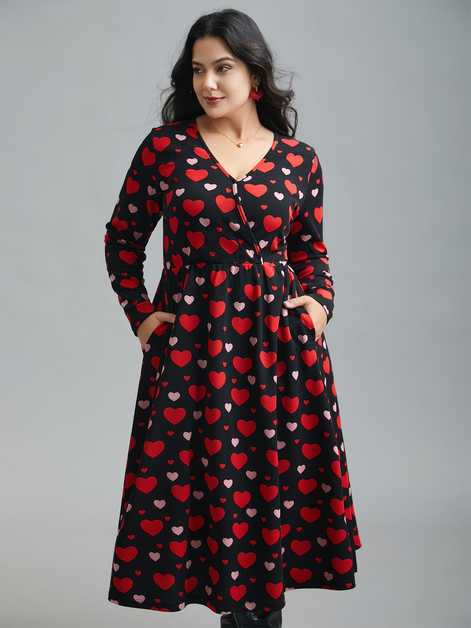 

Plus Size Wrap Neck Hearts Print Knit Dress Black Women Elegant Non Knit Dresses Bloomchic