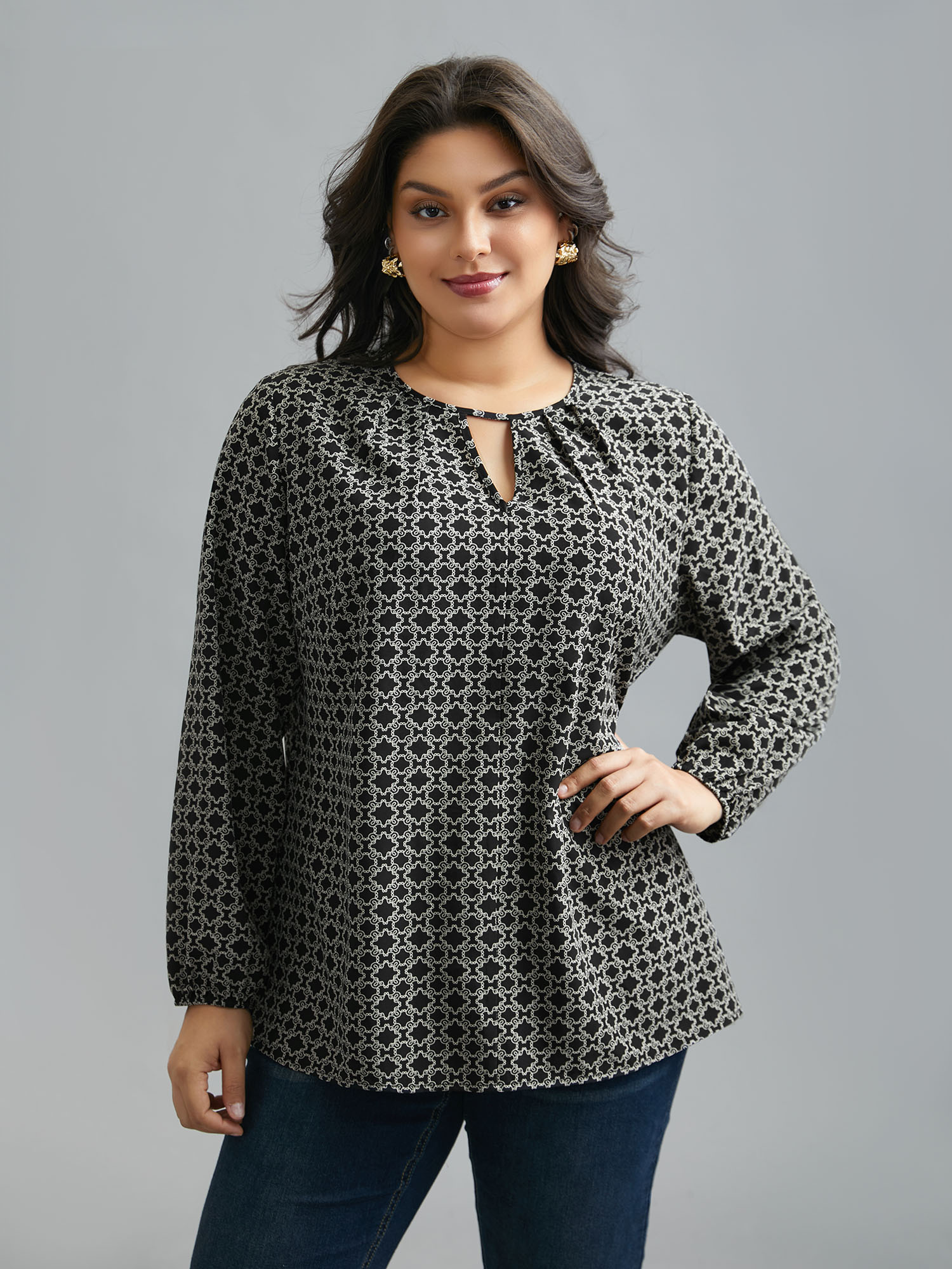 

Plus Size Black Geometric Print Plicated Detail Keyhole Blouse Women Elegant Extra Long Sleeve Round Neck Everyday Blouses BloomChic 34/6X