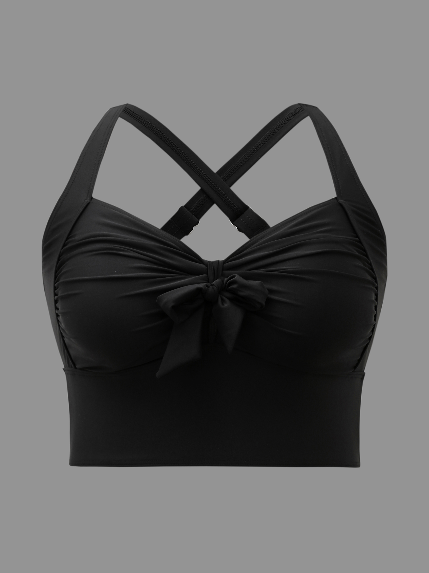 Plus Size Bow-Tie Adjustable Front Ruched Swim Top Women`s Swimwear Black Beach Gathered High stretch Skinny Heart neckline Curve Swim Tops BloomChic 26/4X 
