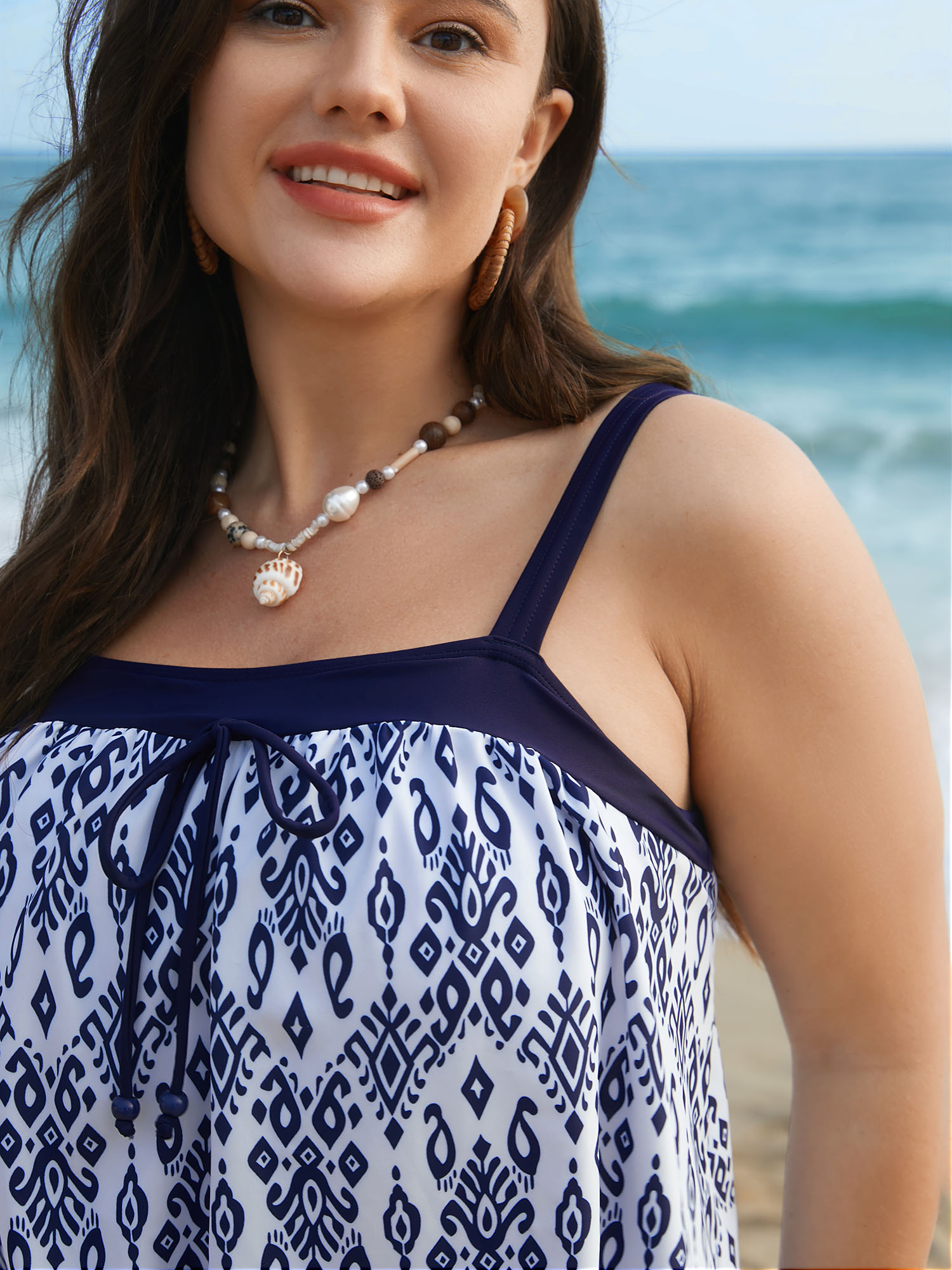 Plus Size Boho Print Ties Adjustable Straps Swim Top Women`s Swimwear Indigo Beach Patchwork High stretch Bodycon Square Neck Curve Swim Tops BloomChic 30/6X 