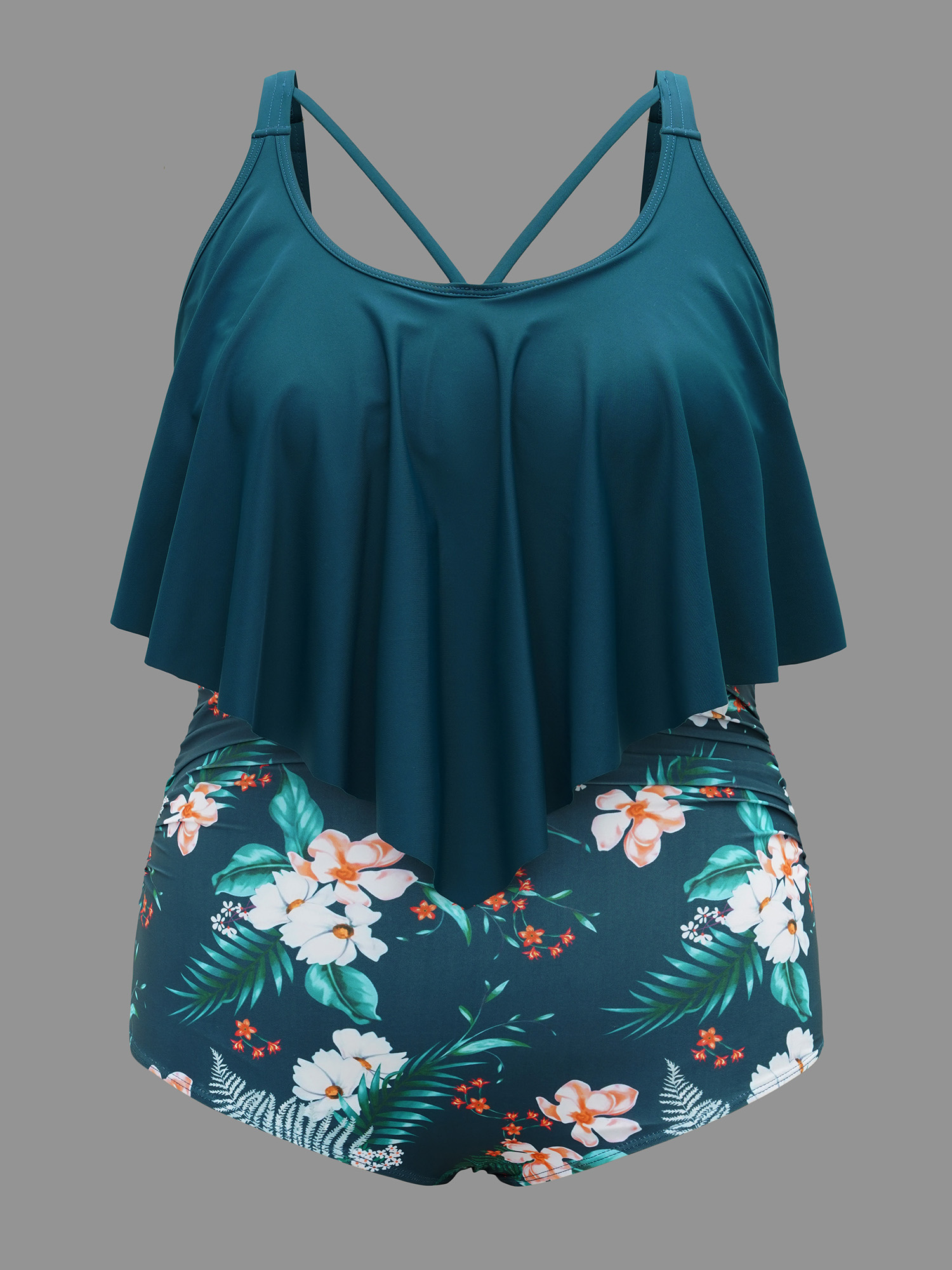 Plus Size Tropical Print Tiered Ruffles Crisscross One Piece Swimsuit Women`s Swimwear Cyan Beach Gathered Curve Bathing Suits High stretch One Pieces BloomChic 30/6X 