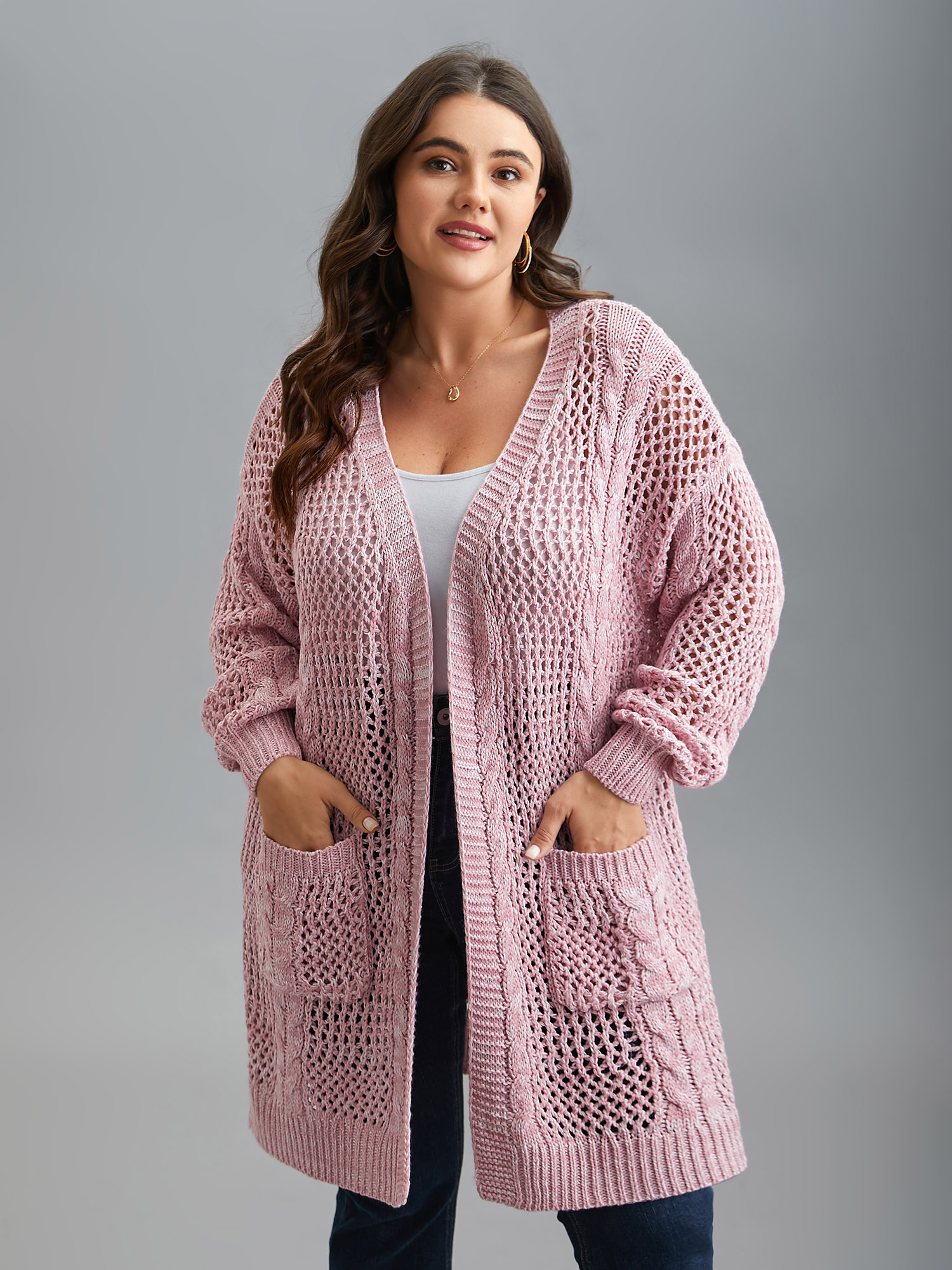 

Plus Size Cut-Out Crochet Textured Open-Front Cardigan Blush Women Casual Loose Long Sleeve Everyday Cardigans BloomChic 16/L