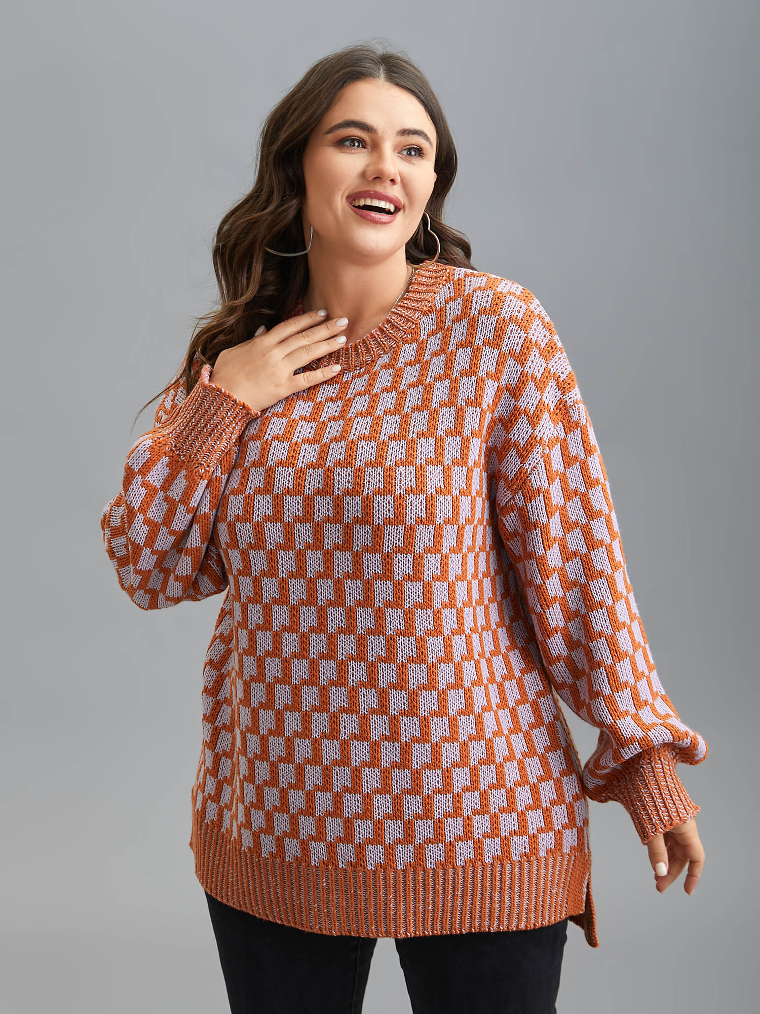 

Plus Size Textured Color Contrast Side-Slit Pullover Brightorange Women Casual Loose Long Sleeve Round Neck Everyday Pullovers BloomChic 16/L