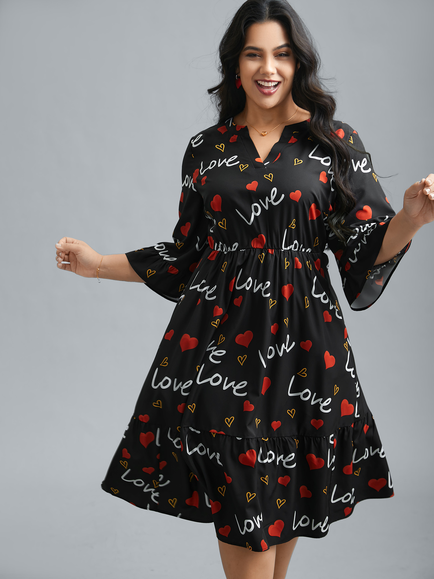 

Plus Size Notched Collar Heart Print Tiered Midi Dress Black Women Elegant Non Flat collar with V-notch Elbow-length sleeve Curvy BloomChic