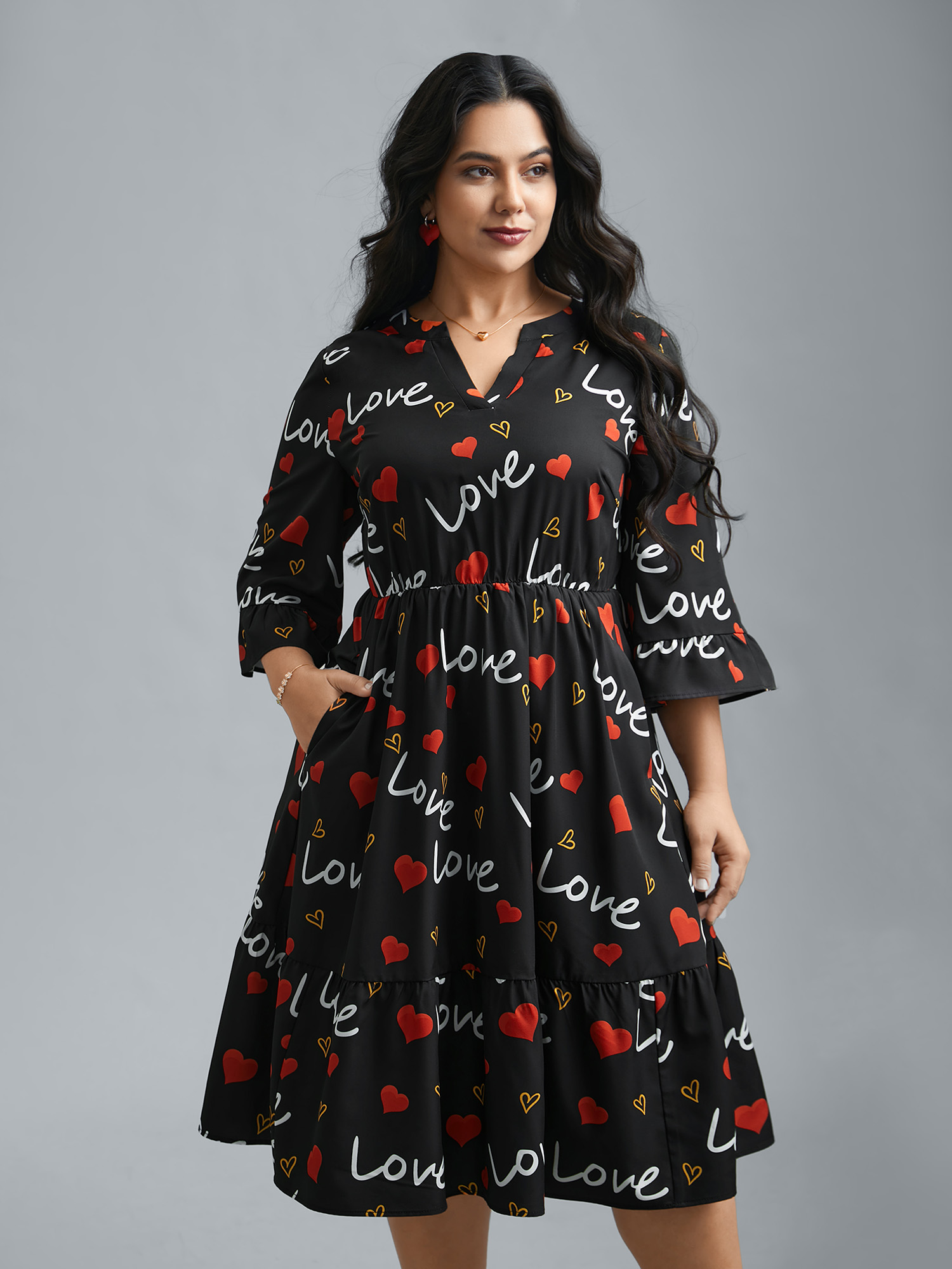 

Plus Size Notched Collar Heart Print Tiered Midi Dress Black Women Elegant Non Flat collar with V-notch Elbow-length sleeve Curvy BloomChic