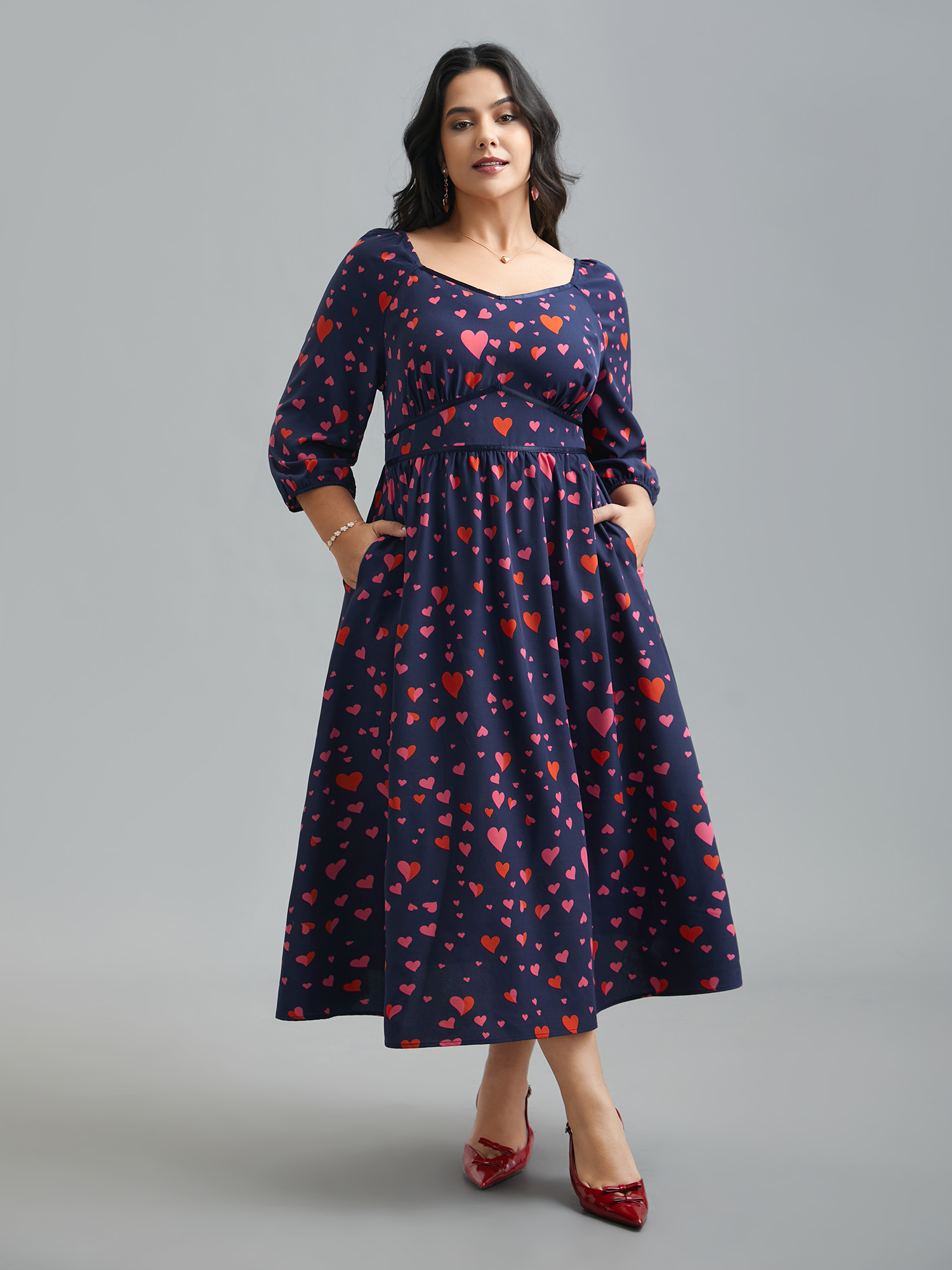 

Plus Size Hearts Print Contrast Webbing Pocket Dress Navy Women Elegant Woven ribbon&lace trim Heart neckline Elbow-length sleeve Curvy BloomChic 30/4X